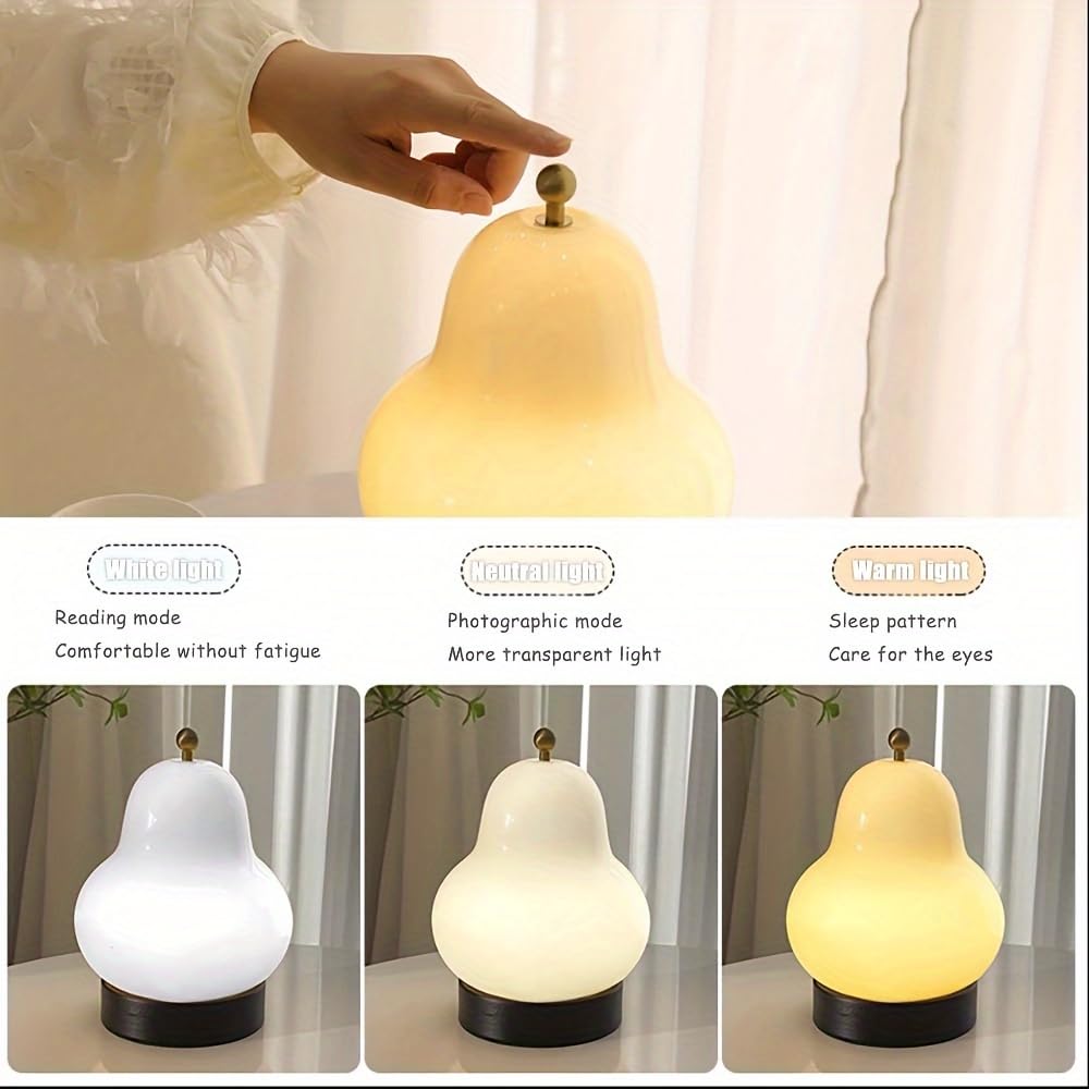 Ejfoiej Portable Cream Pear Desk Lamp, 3-Levels Brightness, 3 Color Touch Control Rechargeable Night Light, Bedside & Dining Room Lamp (White)