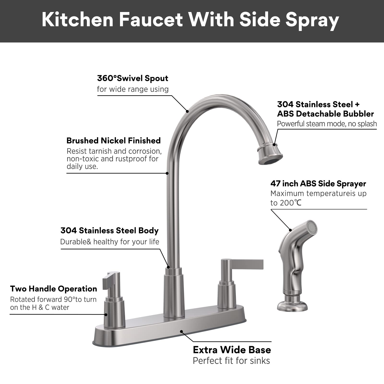 Gowin Kitchen Faucet With Side Sprayer,2 Handle Kitchen Sink Faucet，Kitchen Faucets For Sink 3 Hole Or 4 Hole,High Arc Stainless Steel 8 Inch Centerset (Brushed Nickel)