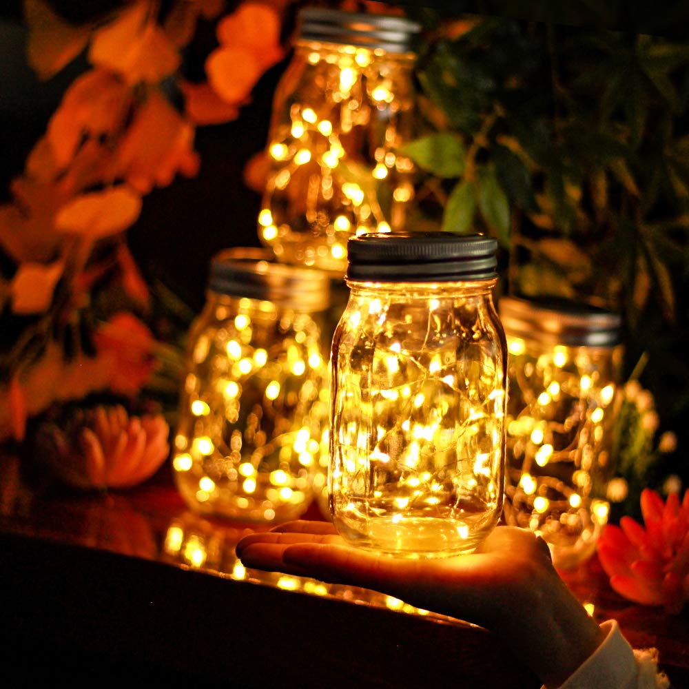 Yeuago Solar Mason Jar Lid Lights 12 Pack 30 Led Firefly Fairy String Lights, Waterproof Outdoor Solar Lights With Hangers For Regular Mouth Jars (No Jars Included)