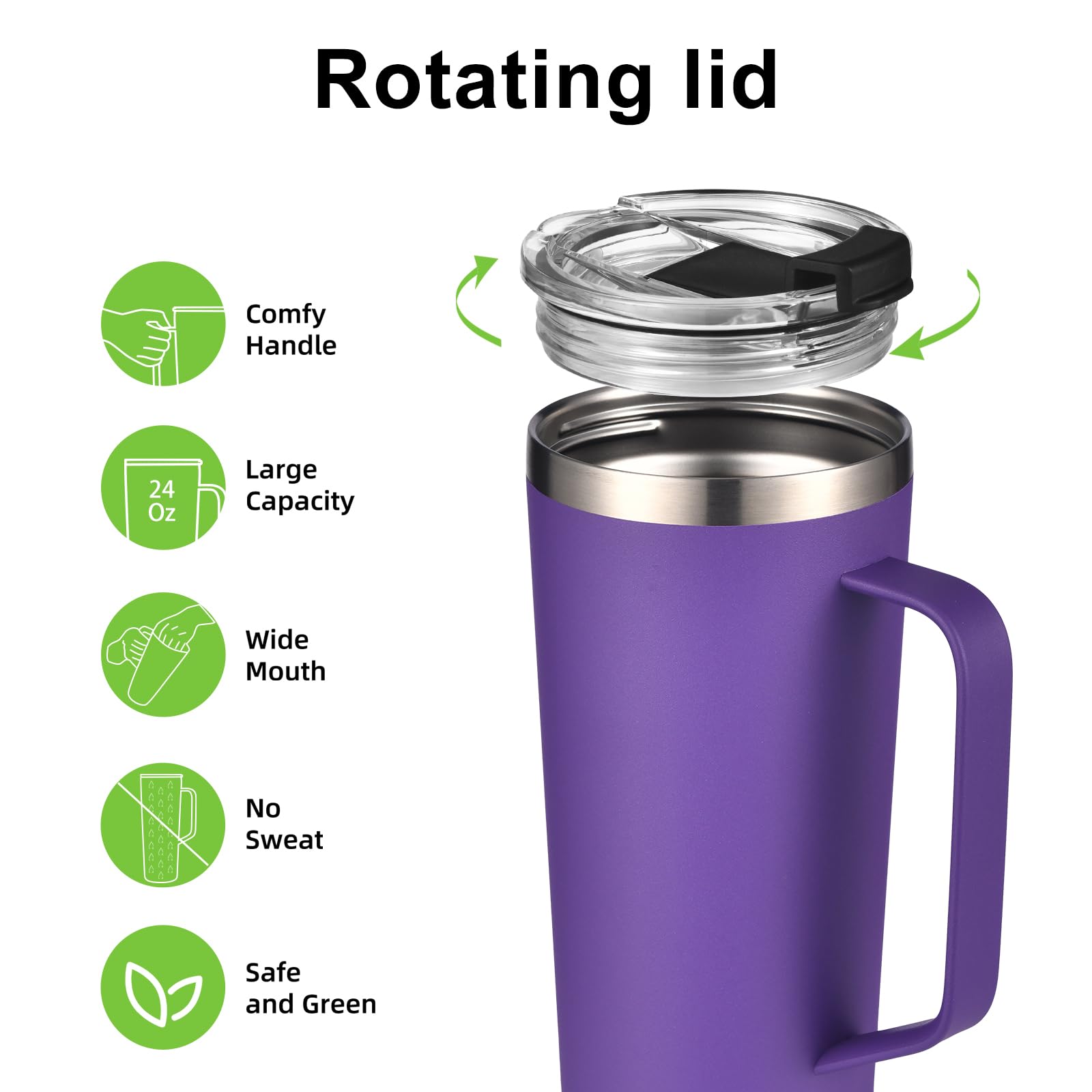Mininoo 24 Oz Tumbler With Handle, Insulated Travel Coffee Mug With Lid And Straws, Stainless Steel
