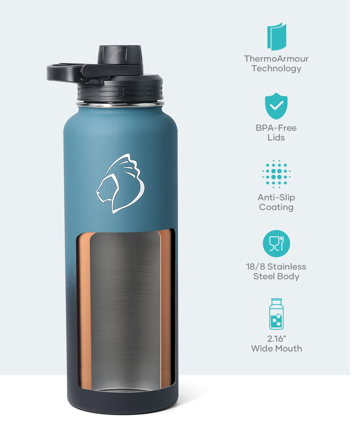Buzio 40 Oz Water Bottle Insulated With Straw & 3 Lid And Carrying Pouch, Leak Proof Anti-Slip