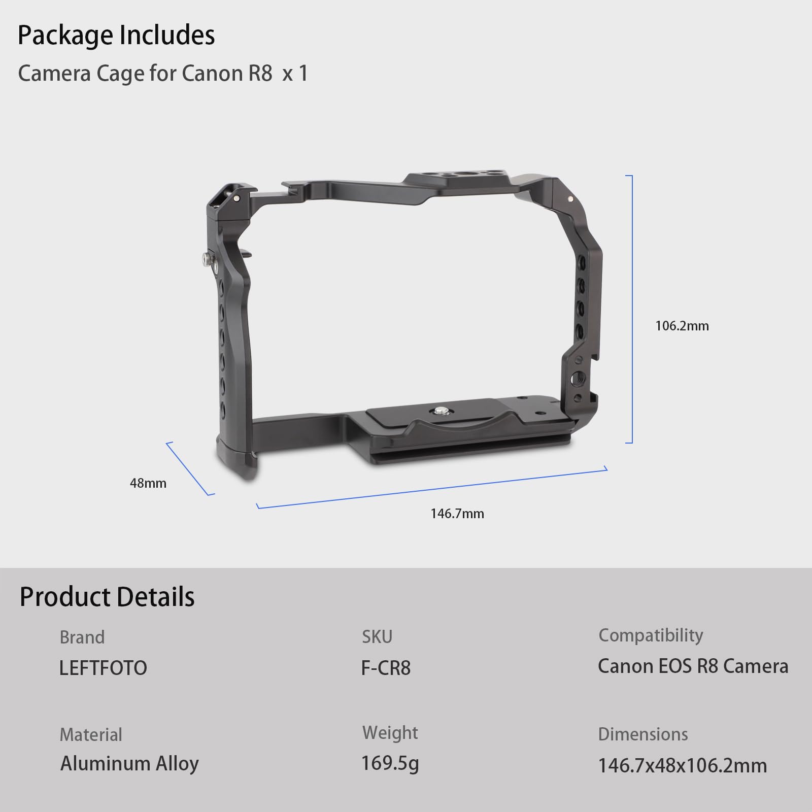 Leftfoto Camera Cage For Canon R8 - Camera Protection Frame Rig For Eos R8 With Arca Base,Cold Shoe,Strap Slot,1/4 3/8 In Screw Holes,Compatibility With Dji Rs2 3 Stabilizer- For Vlog Video Shooting