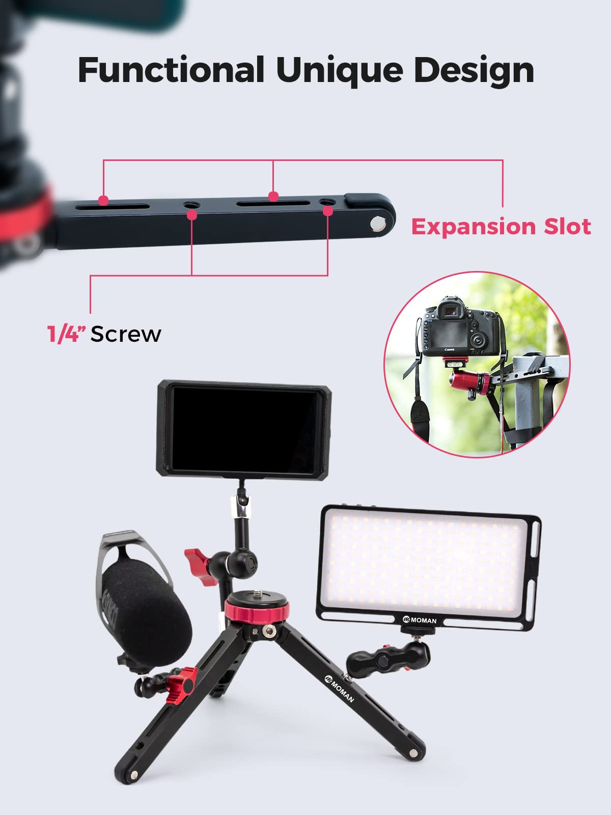 Moman Mini Camera Tripod, Tabletop Short Tripod Desktop Tr01 With 1/4 And 3/8 Screw Mount And Function Leg Cnc Aluminum Tripod For Dslr Camera/Gopro/Video/Camcorder, Max Payload Of 176 Lbs/80Kg, Red