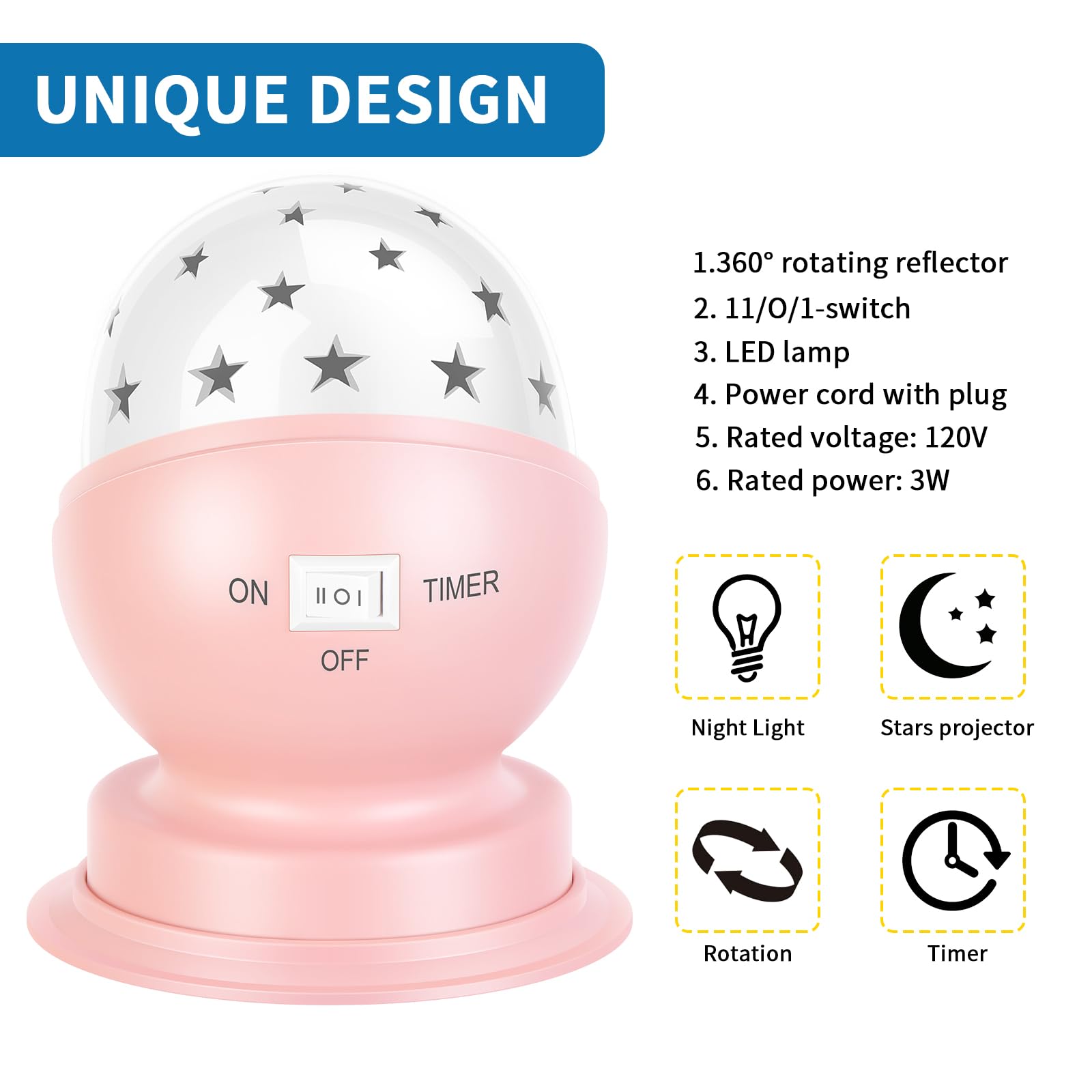 Toyunia Star Night Light For Kids, 360° Rotating Starry Ceiling Projector For Kid’S Bedroom With Timer, 3000K,Pink,1 Pack