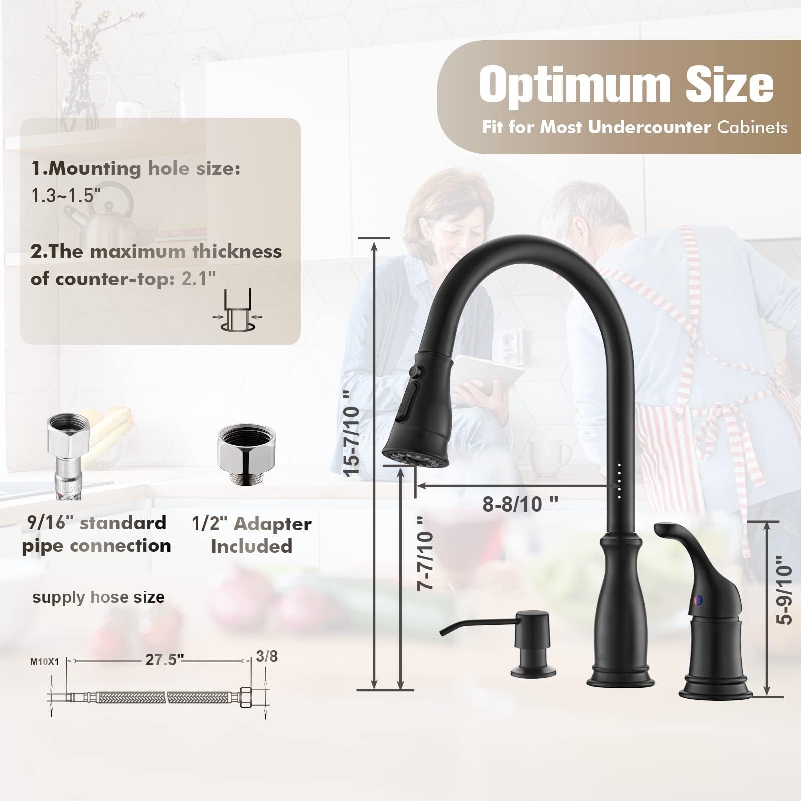 Appaso 3 Hole Kitchen Faucet, 3-Hole Sink Faucets With Pull Down Sprayer, 3 Pieces Black Kitchen Faucet With Soap Dispenser And Side Separate Single Handle High Arc Matte Black For Rv Camp Farmhouse
