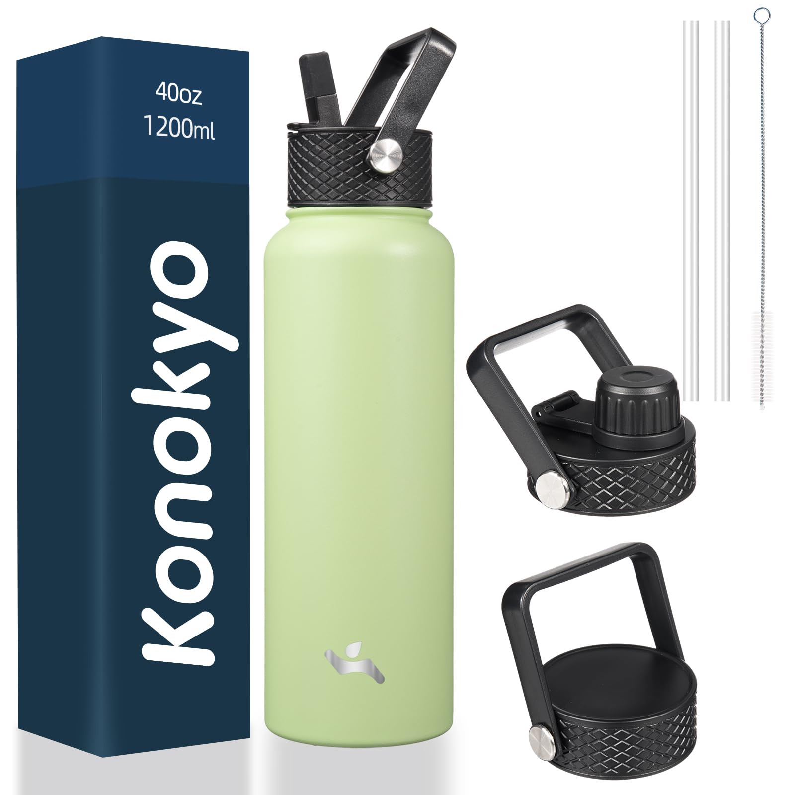 40Oz Insulated Water Bottle Stainless Steel Sport Bottles With 3 Lids,Macaron Green