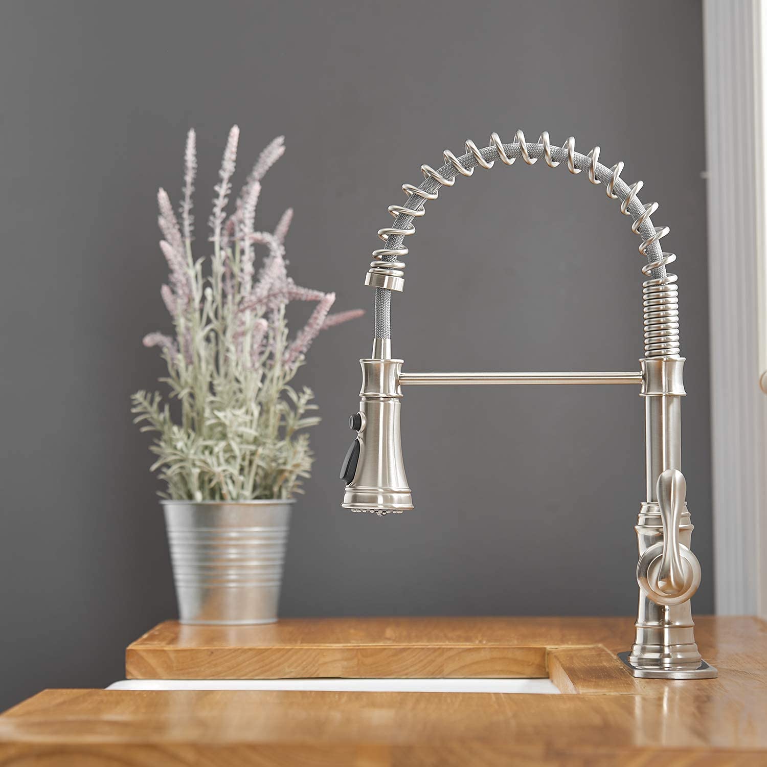 Bathfinesse Kitchen Faucet With Pull Down Sprayer, Brushed Nickel Finish, 360 Degree Swivel Nozzle, 3 Spray Modes, Easy Installation, Lead- Solid Brass Construction, 10 Inch Deck Plate
