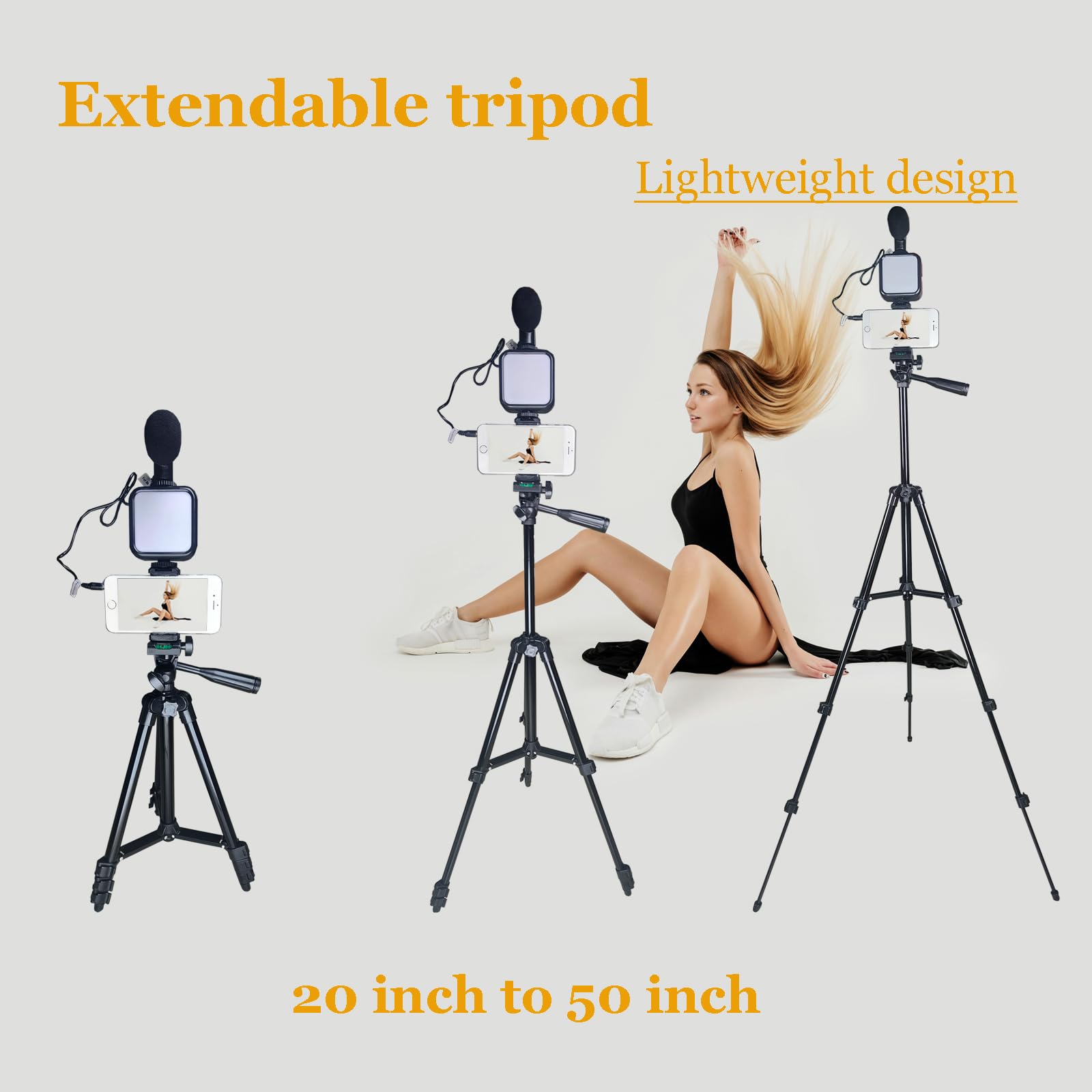 Docleen Smartphone Video Kit, Vlogging Kit, Youtuber Kit, With Microphone Light Tripod 50" Extendable Phone Clip Remote Control Compatible With Iphone/Smartphone/Cameras