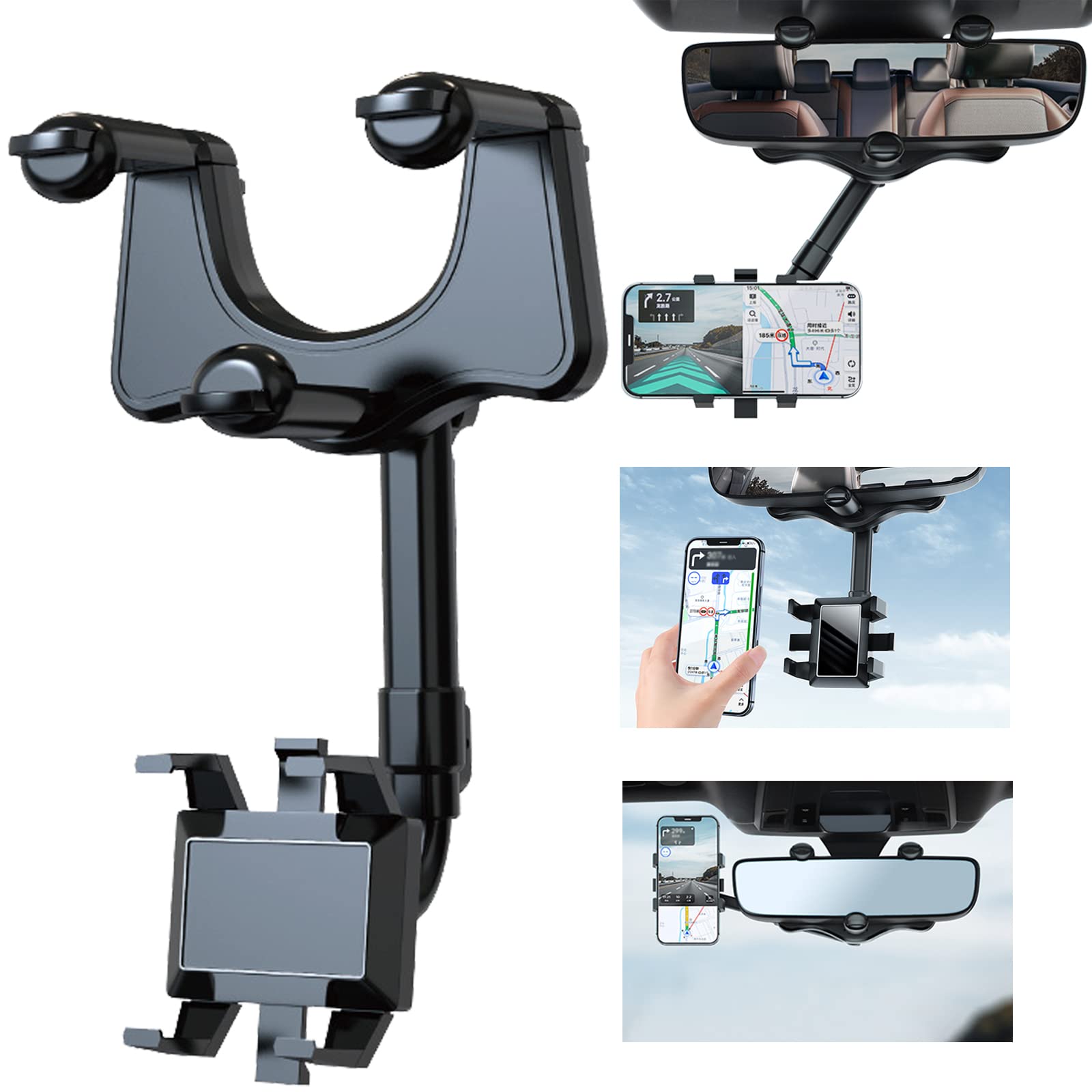 Roaestke Rotatable And Retractable Car Phone Holder, 360° Rotatable Multifunctional Universal Rearview Mirror Phone Holder For Car, Adjustable Mobile Phone Mount Frame For All Cell Phones