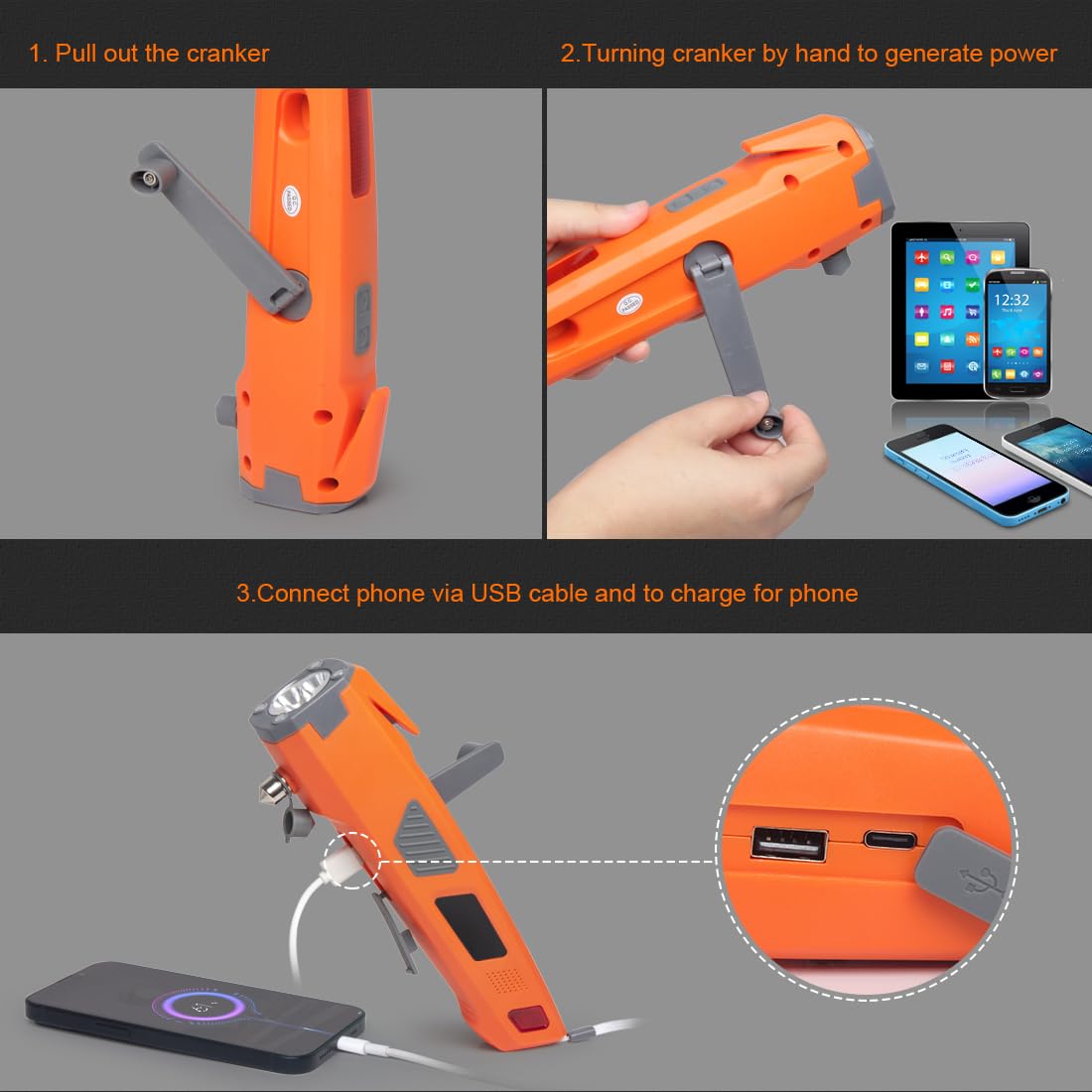 Luxon 7 In 1 Car Emergency Escape Tool: Led Flashlight,Window Breaker,Seat Belt Cutter,Type-C Charger,Sos Light,Hand Cranking Charge,Magnetic,Rechargeable For Vehicle Rescue,Camping, Hiking (Orange)