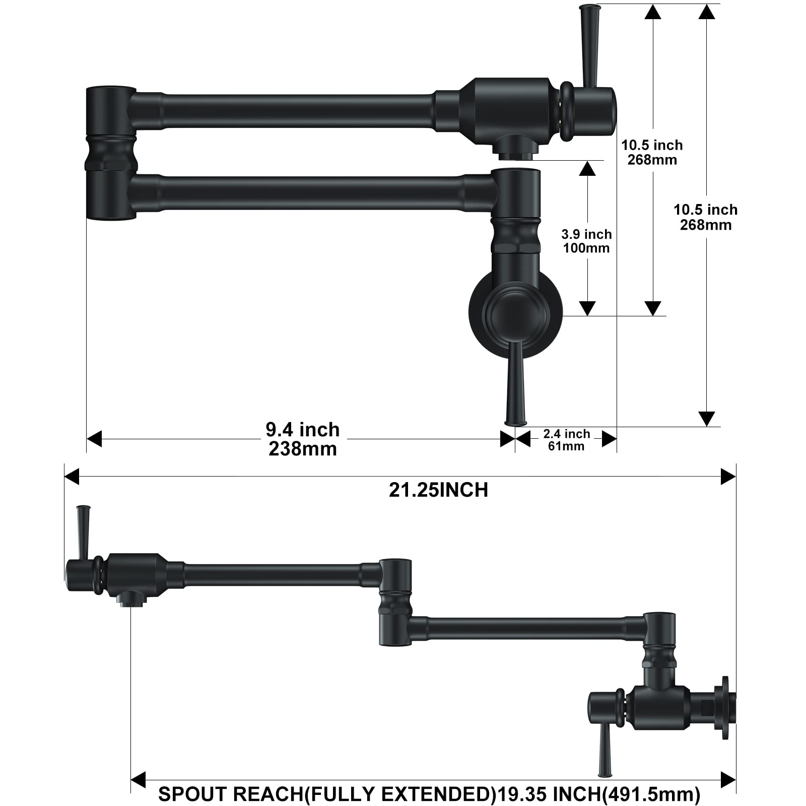 Cwm Bestjeef Matte Black Pot Filler Faucet,Pot Filler Black Folding Faucet,Commercial Wall Mount Stainless Steel Material Stretchable Double Joint Swing Arm With Single Hole Two Handles.