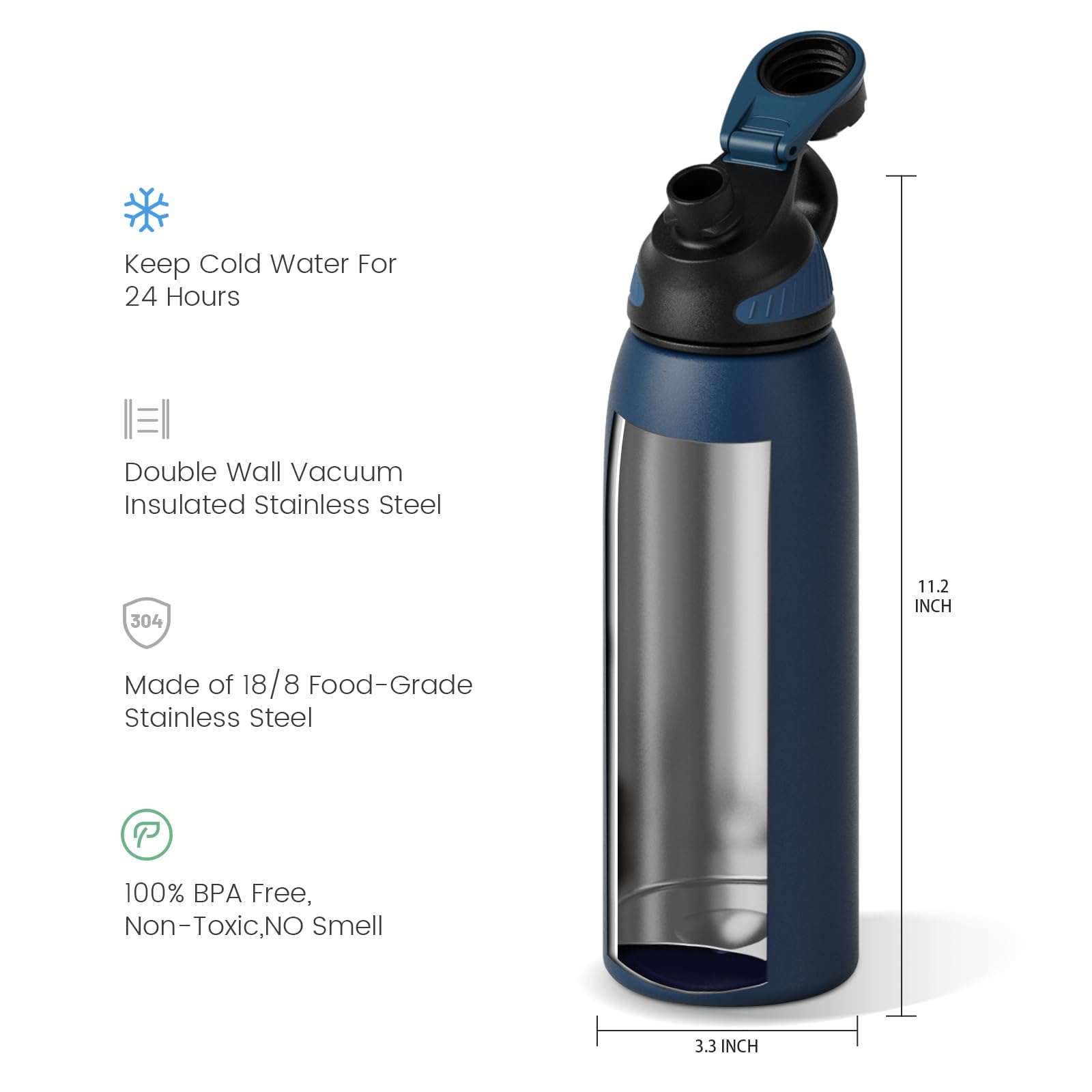 Stainless Steel Insulated Sports Water Bottle 32Oz,-, Double-Wall Vacuum, Magnetic Cap