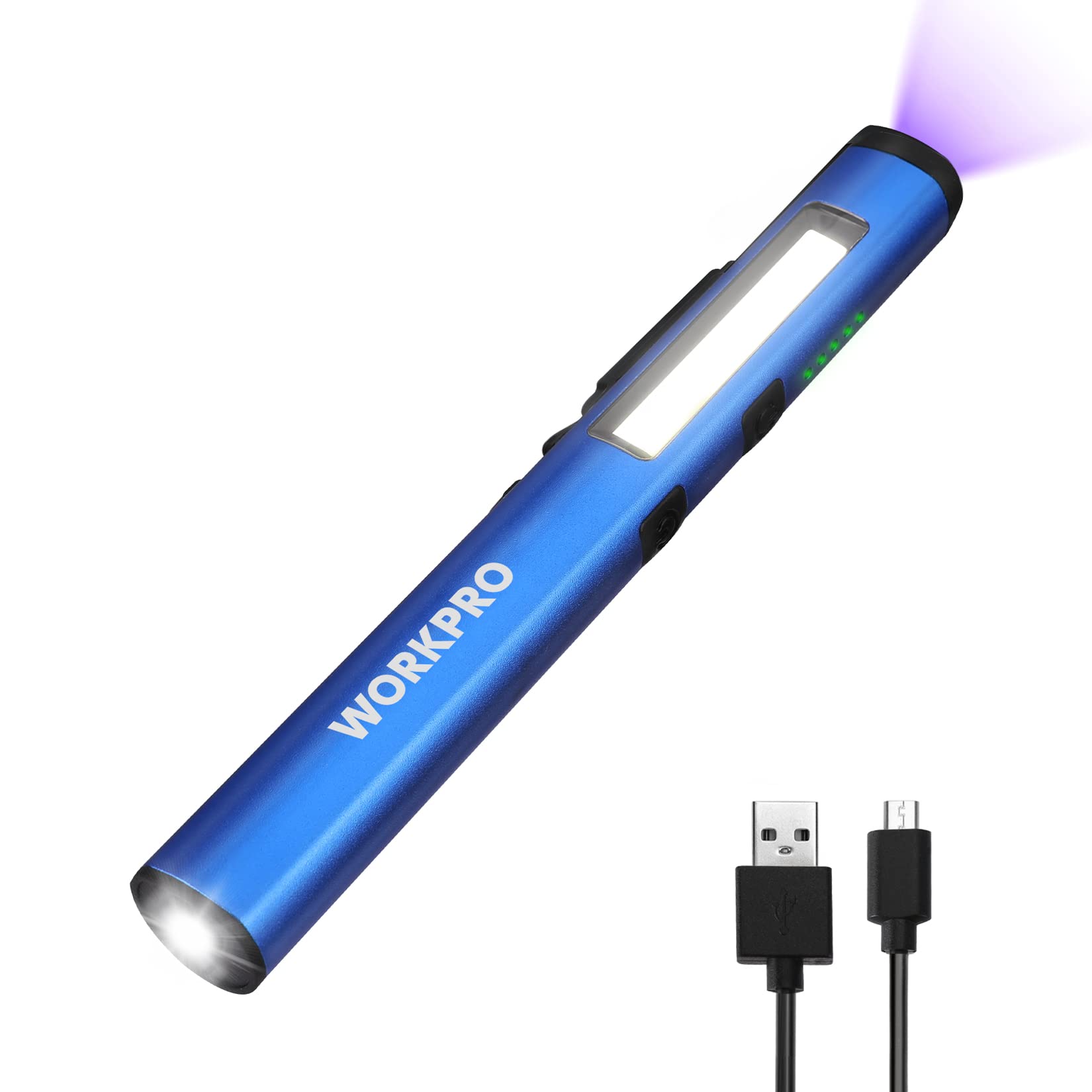 Workpro Rechargeable Flashlight, Led Pen Light With 365 Nm Uv Black Light, 450 Lumen Pocket Penlight, Magnetic Clip, For Hurricane Deluge Flood Emergency