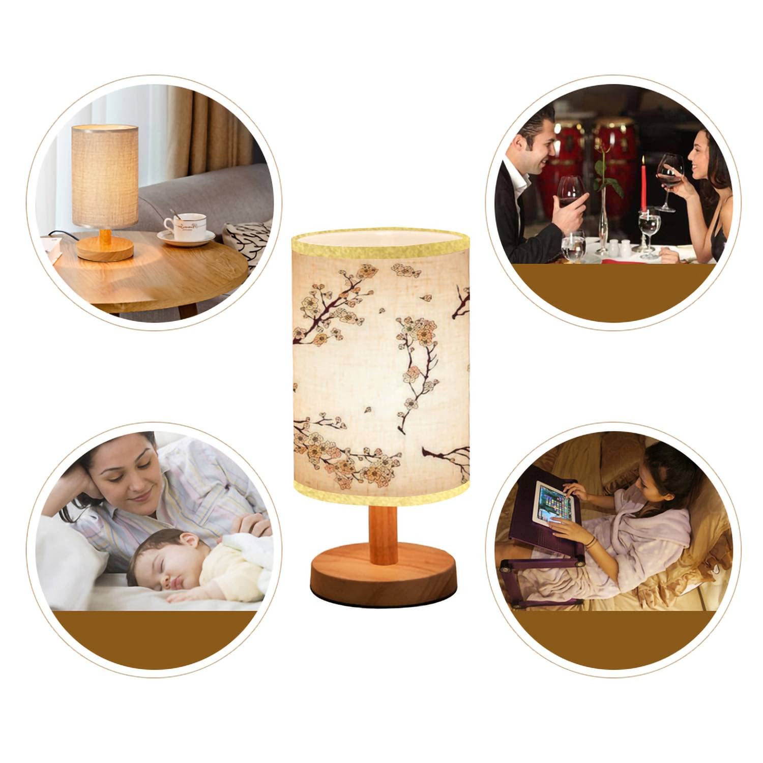 Lopyeijfg Minimalist Bedside Table Lamp Japanese Flower Cherry Blossom Or Peach Blossom For Tattoo Isolate On Wood Nightstand Lamp Bedside Desk Lamp Wood Base Flaxen Fabric Shade For Bedroom Living Room
