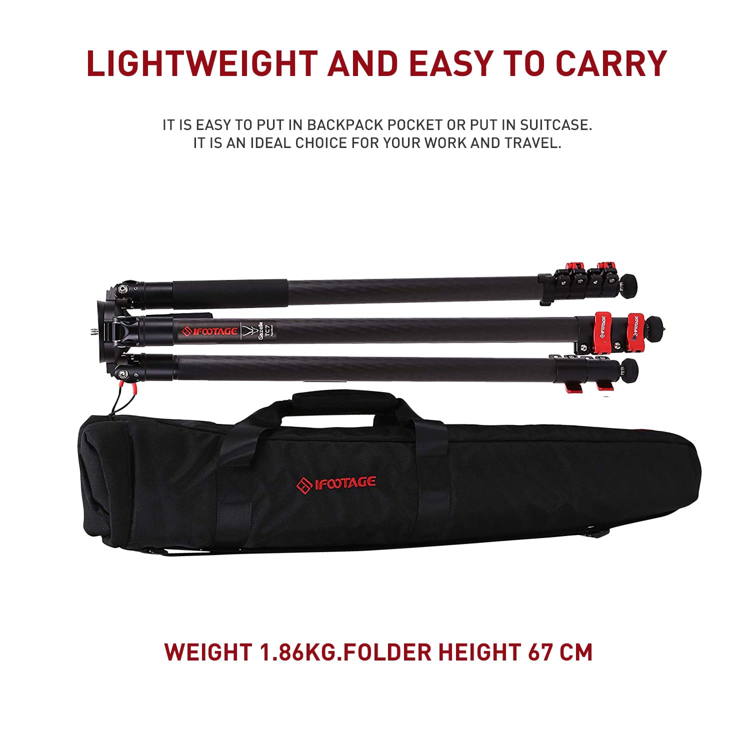 Ifootage 61''/155Cm Camera Tripod Heavy Duty,Travel Lightweight Carbon Fiber,Quick Adajustment Bowl Hand,Max Load 19.84 Lb/9Kg Tc7