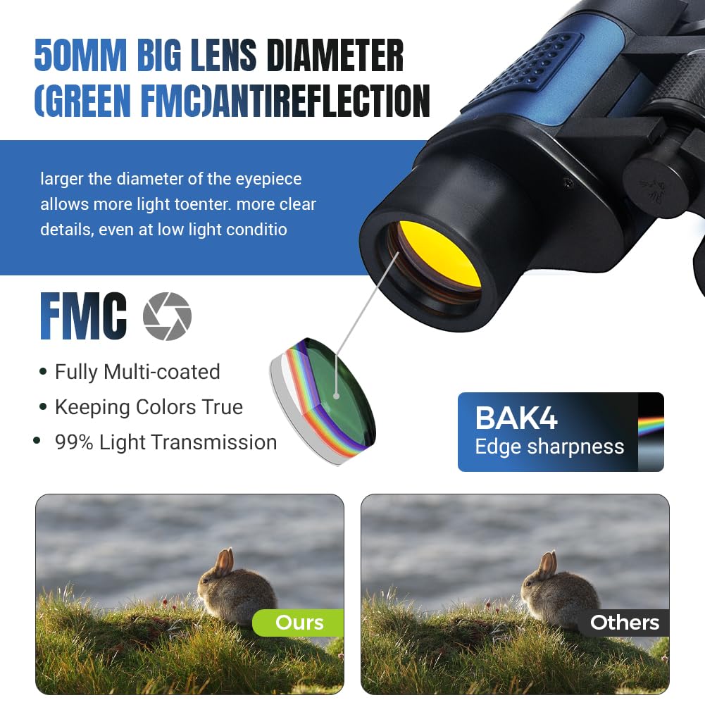 Wulakeo 20X50 High Powered Binoculars For Adults Kids, Waterproof Compact Binoculars With Low Light Vision For Bird Watching Hunting Football Games Travel Stargazing Cruise With Carrying Bag