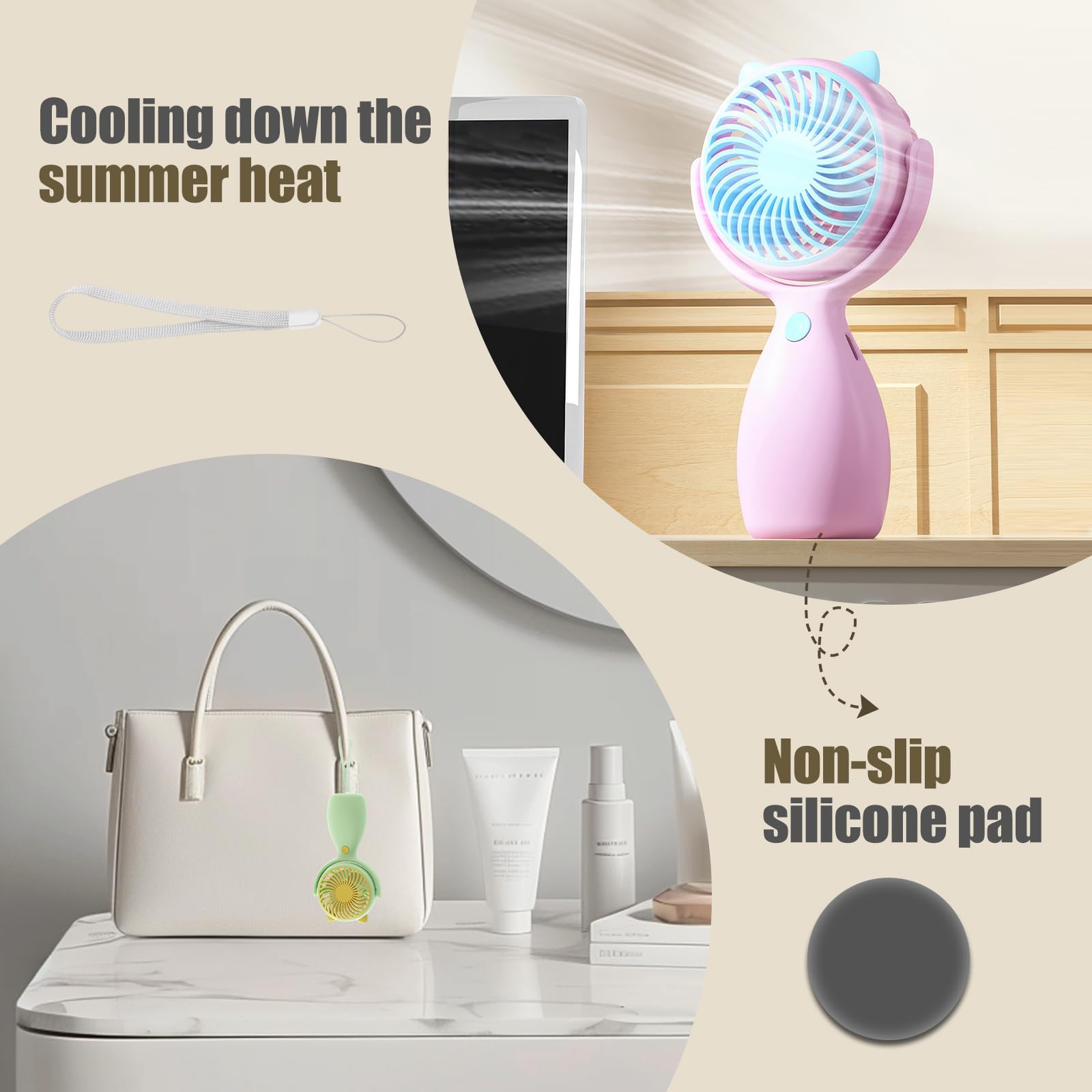 Qearfun Cute Handheld Lanyard Fan Portable, Mini Personal 3-Speed With 180 Rotation, Small Makeup
