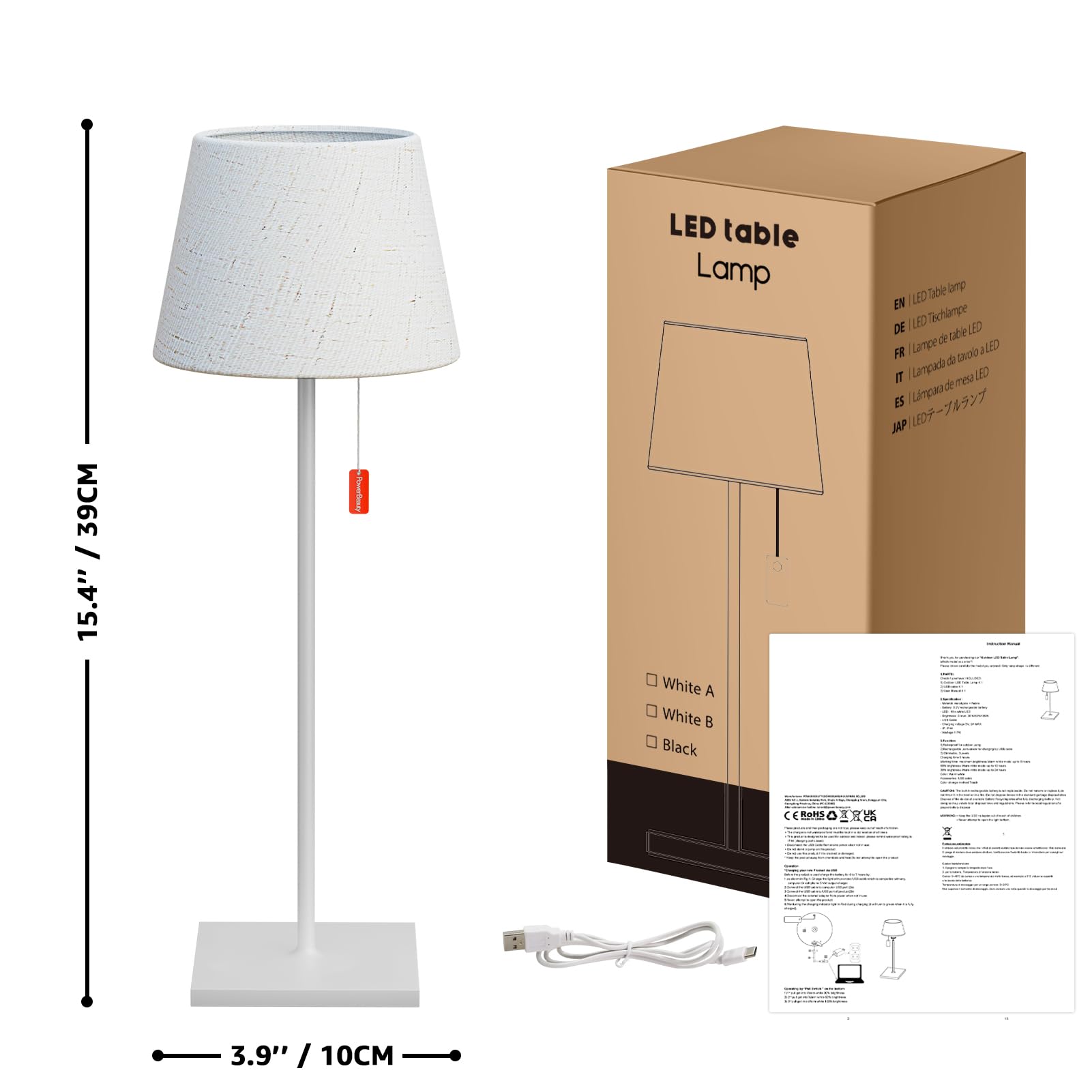 Uuffoo Cordless Lamp With 3-Level Brightness, Led Table Lamp With Built-In Rechargeable Battery, Rechargeable Lamp With Pull Cord, Waterproof For Patio, Ambient For Dining Table, White