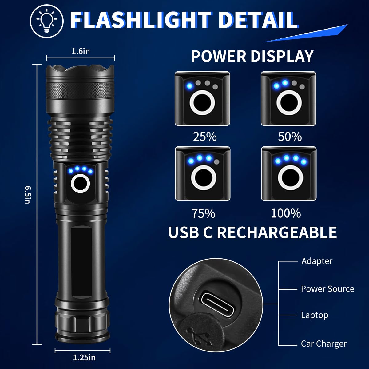 Uuyee 3Pack Rechargeable Flashlights High Lumens, 990000Lm Super Bright Flashlight, 5Modes Led Flashlight Rechargeable, Adjustable Tactical Flashlights High Powered, Flash Lights For Emergency Camping Home