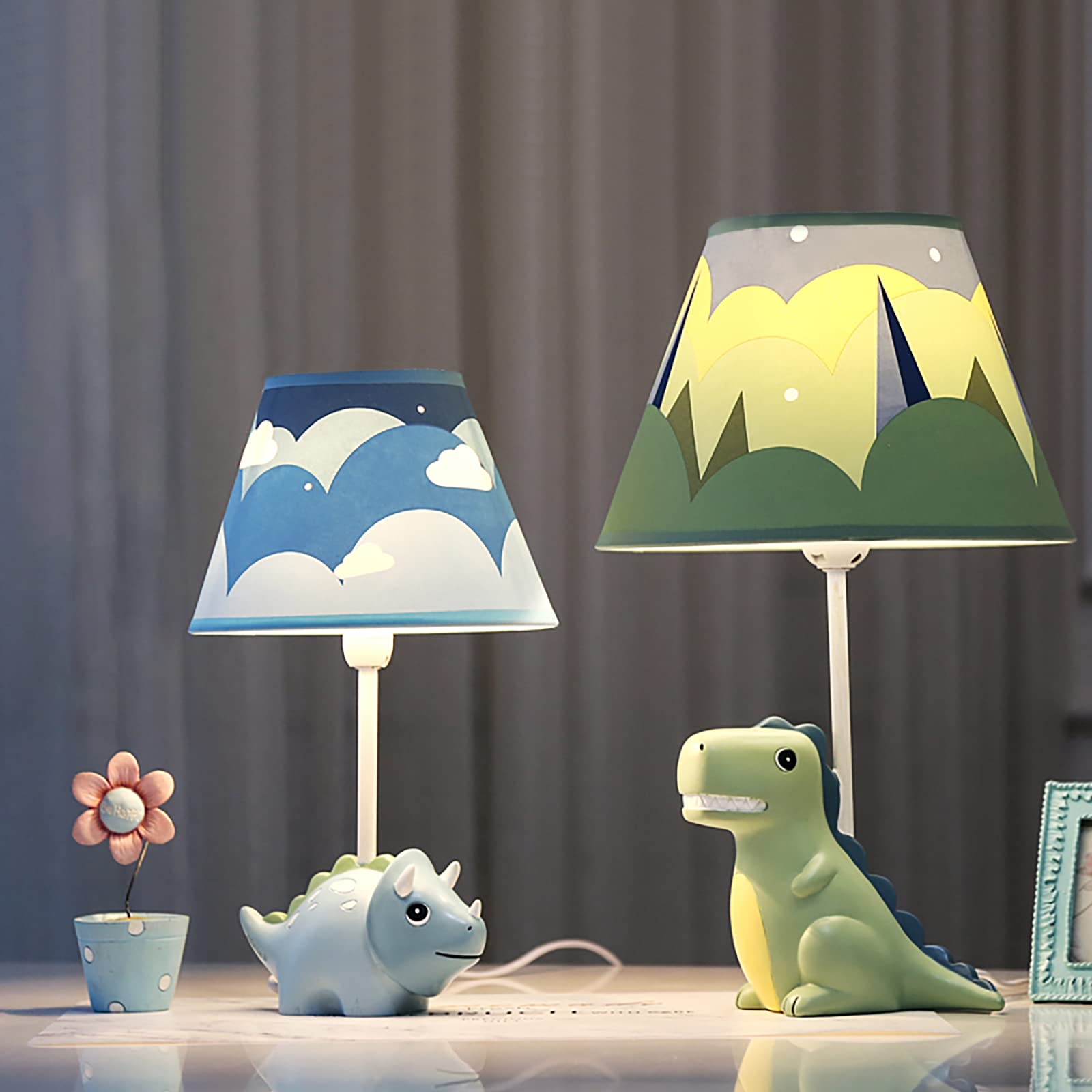 Herbestbay Kids Table Lamp, Dinosaur Lamp Design Bedside Table Lamp, 13 Inch Tall Desk Lamp With Barrel Lampshade For Boys Bedroom Décor, Come With An Led Bulb (Green Dinosaur)