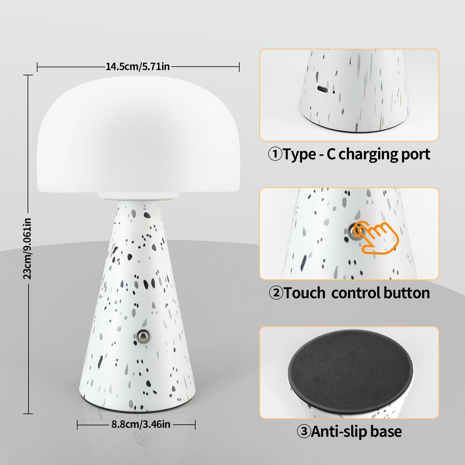 Levigo Cute Mushroom Table Lamp With Touch Switch, Natural Style Portable Cordless Led Dimmable Soft Light Lamp (Black)
