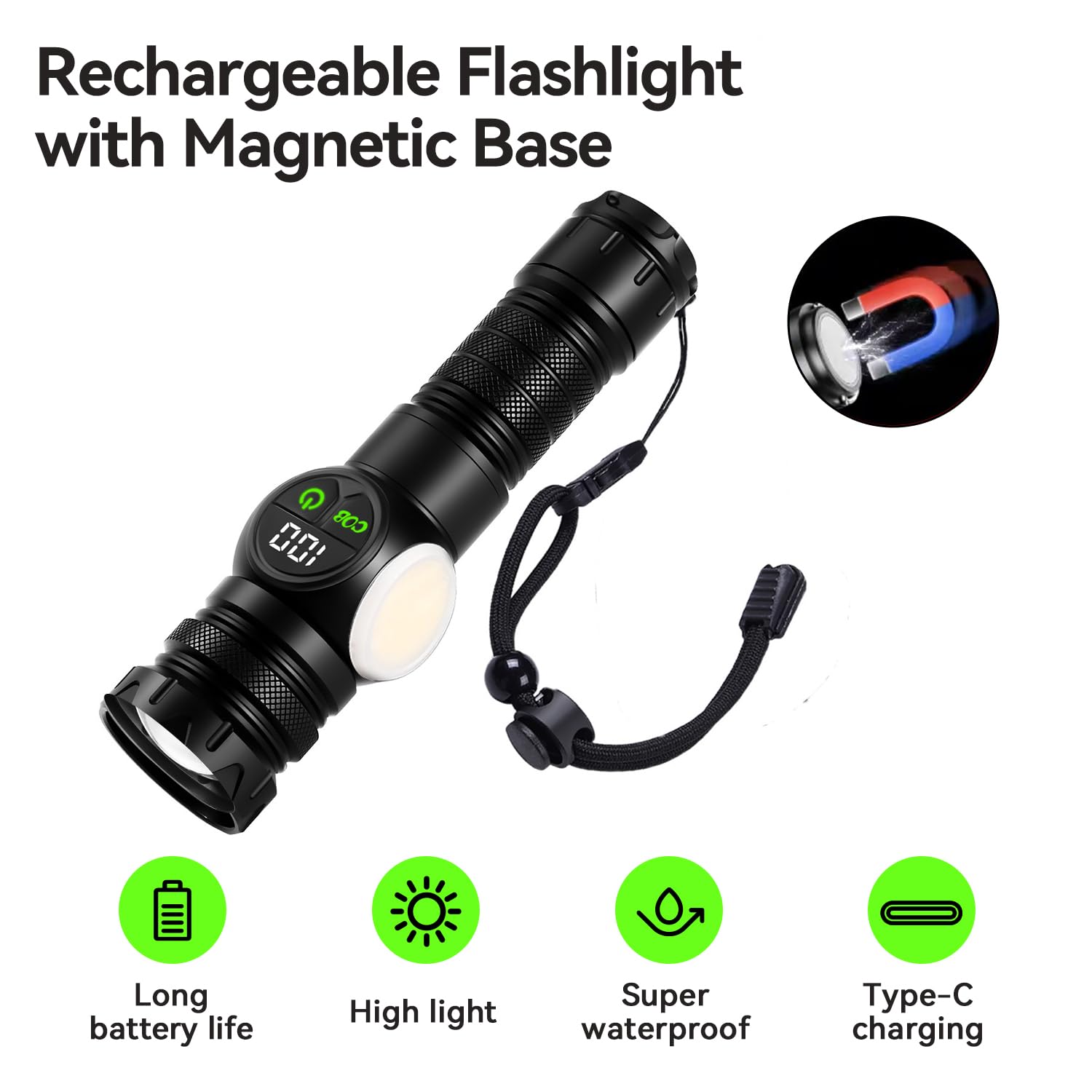 Wohingo Led Rechargeable Flashlight With Cob Side Light & Magnetic Base,Adjustable Focus,5000Mah,Lcd Digital Display Ipx7 Waterproof For Camping,Hiking,Dog Walking,Emergency (Mini)