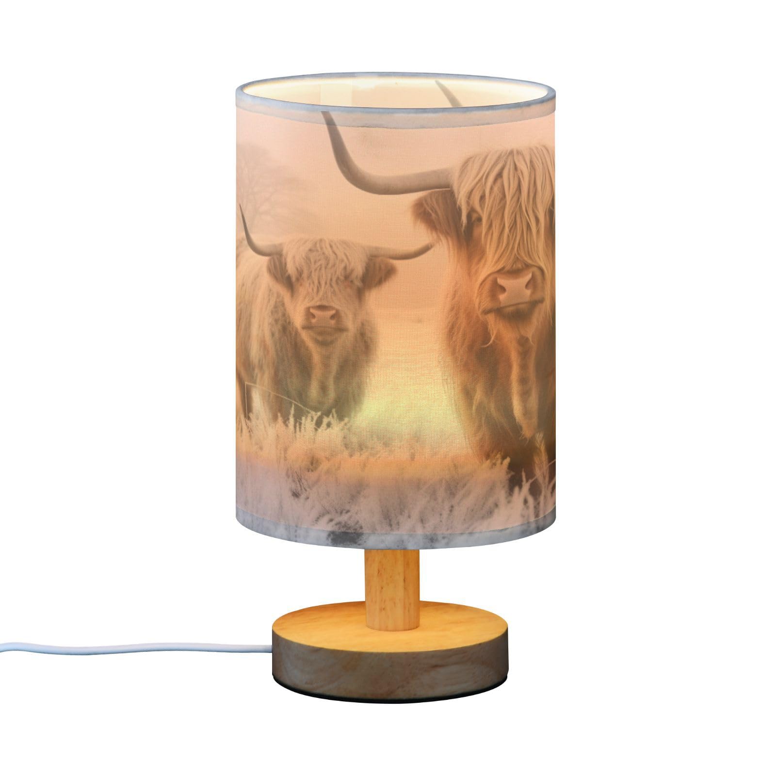 Keepreal Cool Highland Cow Bedside Table Lamp - Usb Small Nightstand Lamp, Wood Base Led Desk Light For Bedroom,Living Room, Office Desk