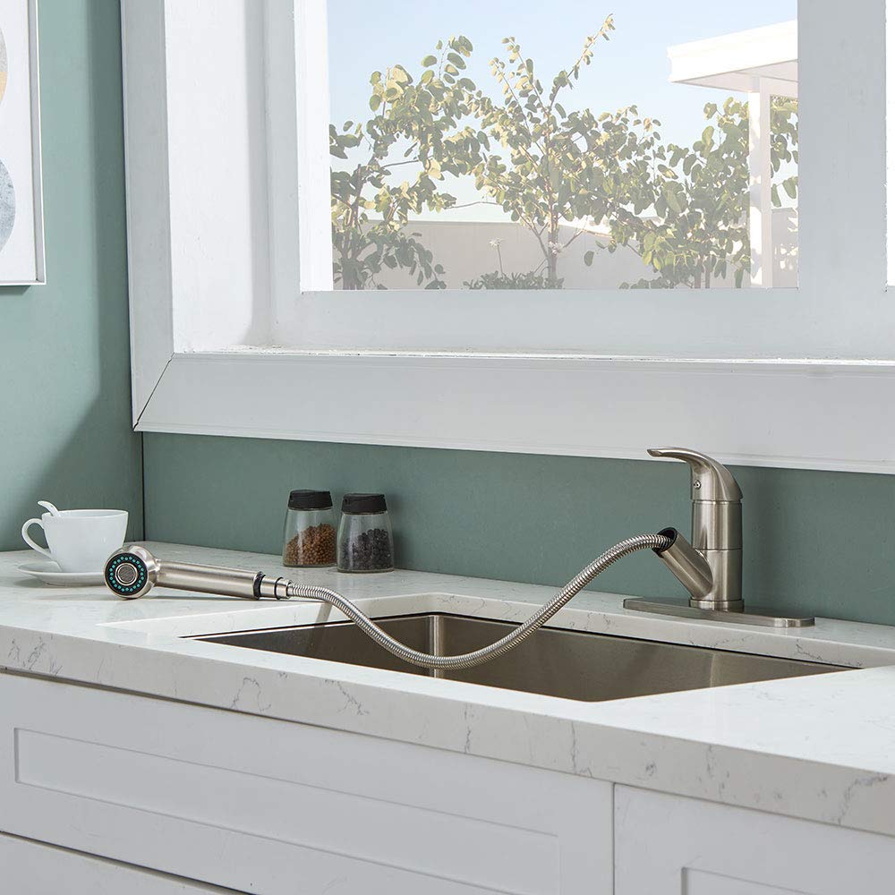 Kingo Home Modern Single Handle Stainless Steel Brushed Nickel Pull Out Sprayer Bar Kitchen Faucet,Small Kitchen Sink Faucet With Escutcheons Single Hole Kitchen Faucet