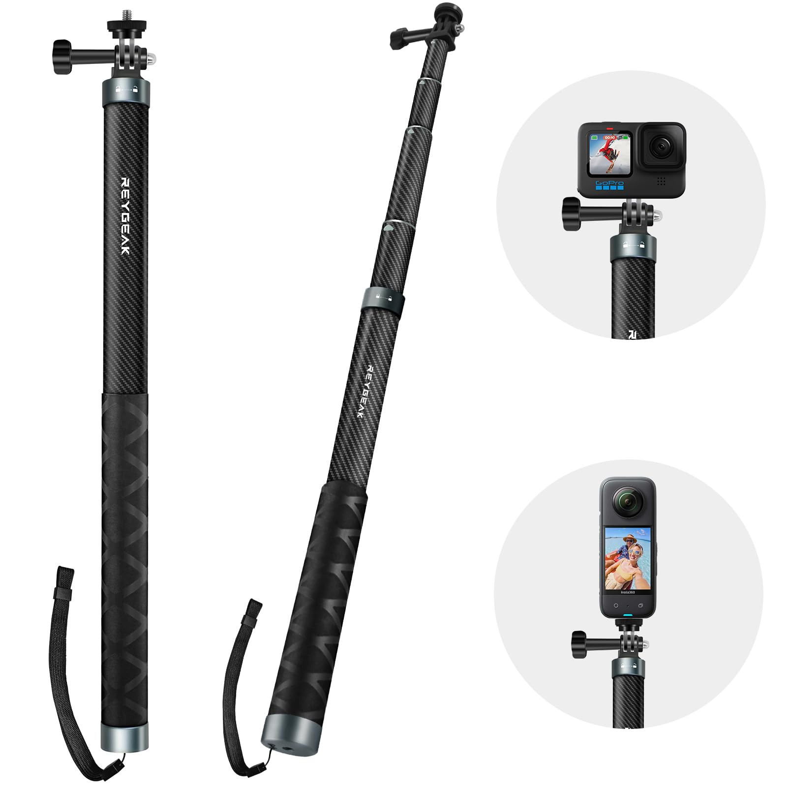 Reygeak 59 Inch Selfie Stick Long Invisible Pole For Gopro 13 Carbon Fiber Waterproof Extension Monopod For Gopro Hero 13/12/11/10/9 Osmo Pocket 3/ Action 5 Pro/4/3 Accessories.