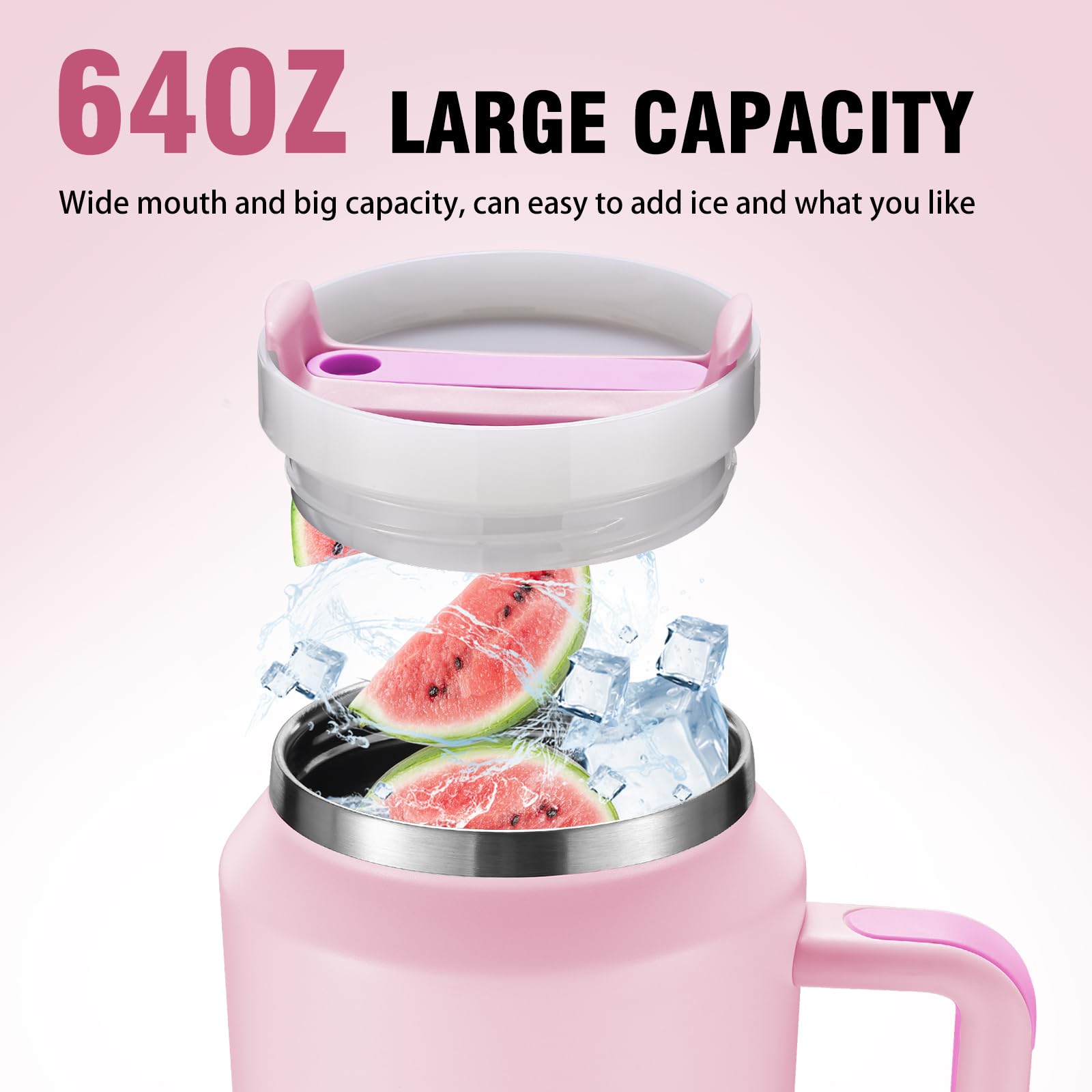 64Oz Insulated Tumbler With Handle, Stainless Steel Double Wall Vacuumn Water Bottle