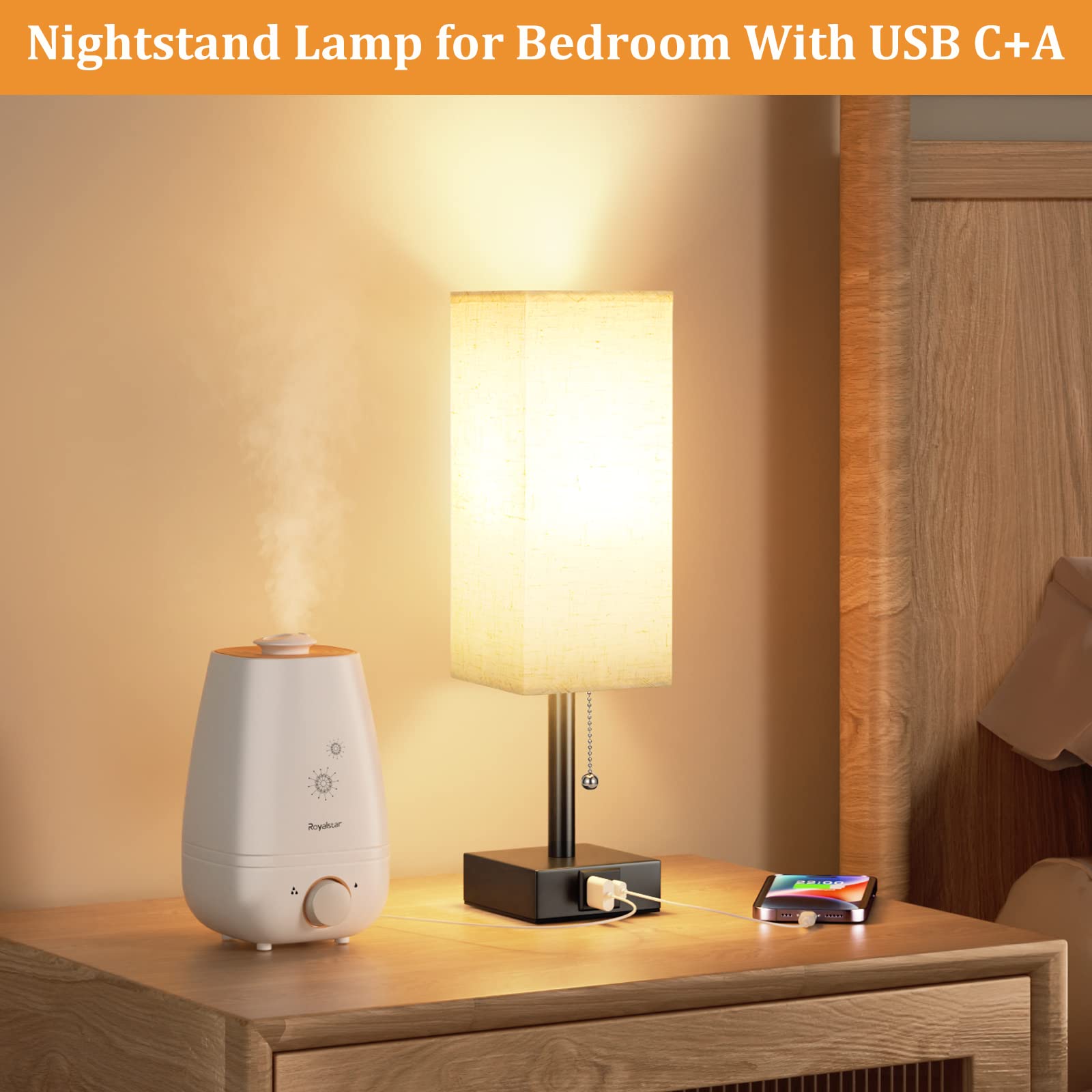 Aooshine Bedside Table Lamp With 3 Color Temperatures - 3000/4000/5000K Small Lamp With Usb C+A Ports, Nightstand Lamp With 3 Color Modes By Pull Chain, Bedroom Lamp For Living Read Work(Led Bulb Included)