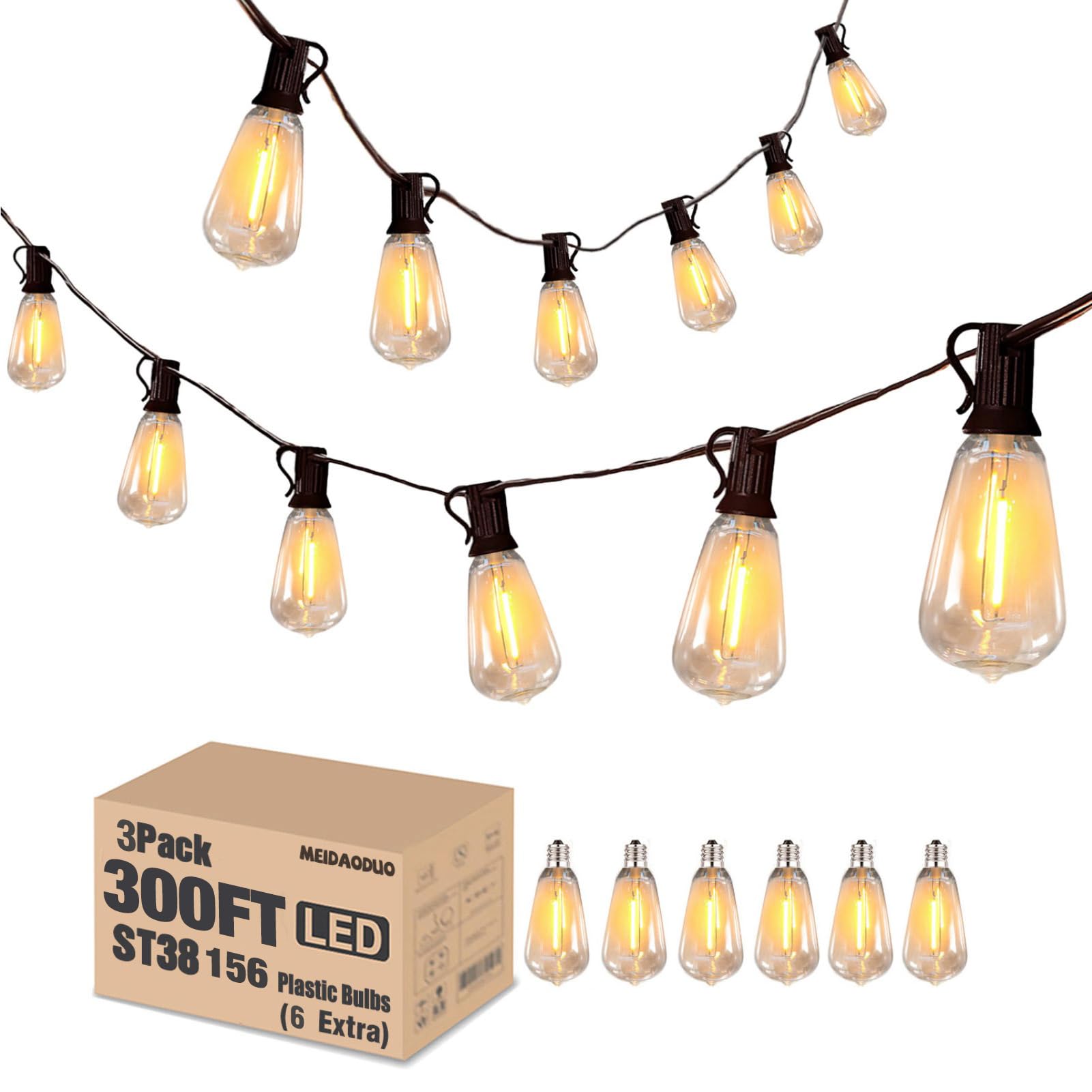 Meidaoduo 300Ft Edison String Lights Outdoor Waterproof With 150+6 Extral Led Shatterproof St38 Edison Bulbs 2200K For Outside Patio Pergola Backyard Bistro Lights, 3 X 100Ft Connectable