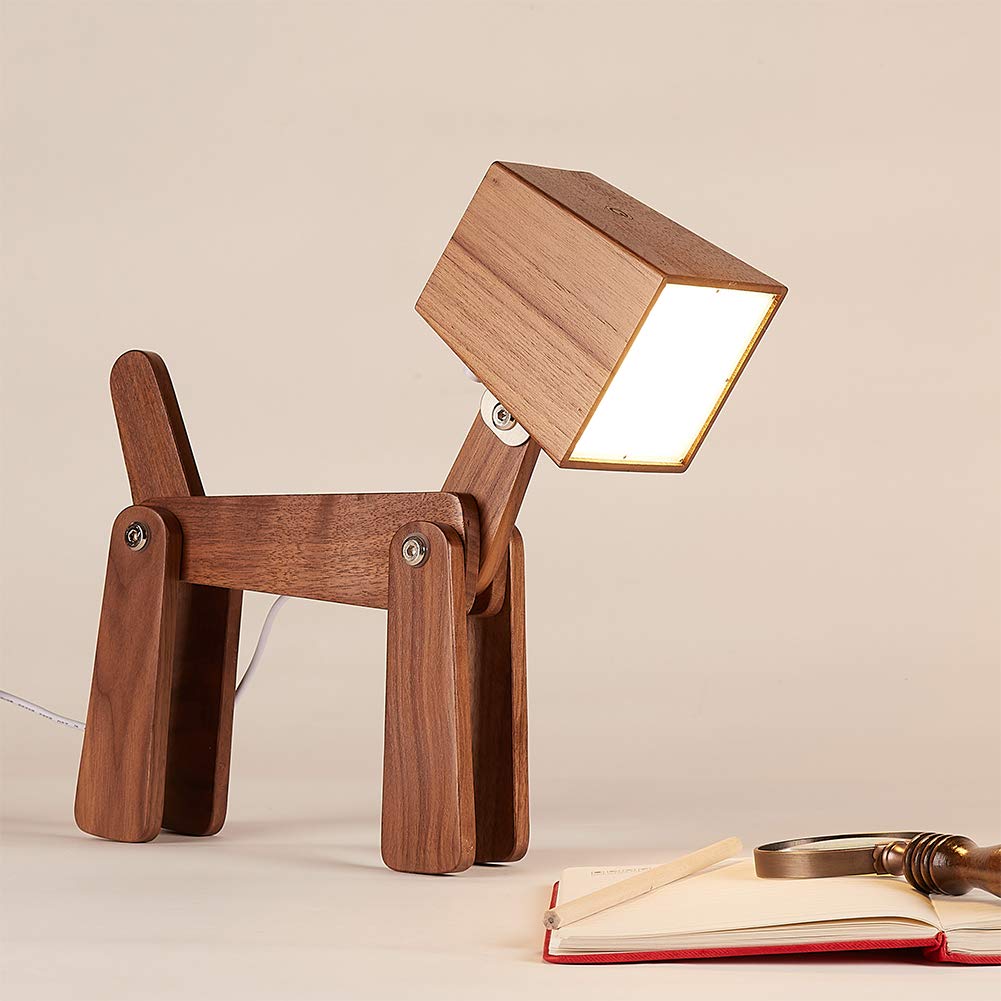 Hroome Super Cute Dog Table Lamp For Kids Room Bedroom Bedside - Dimmable Touch Control Wood Fun Unique Desk Lamp Warm White Light For Friends Boys Girls Dorm Farmhouse (Walnut Color)