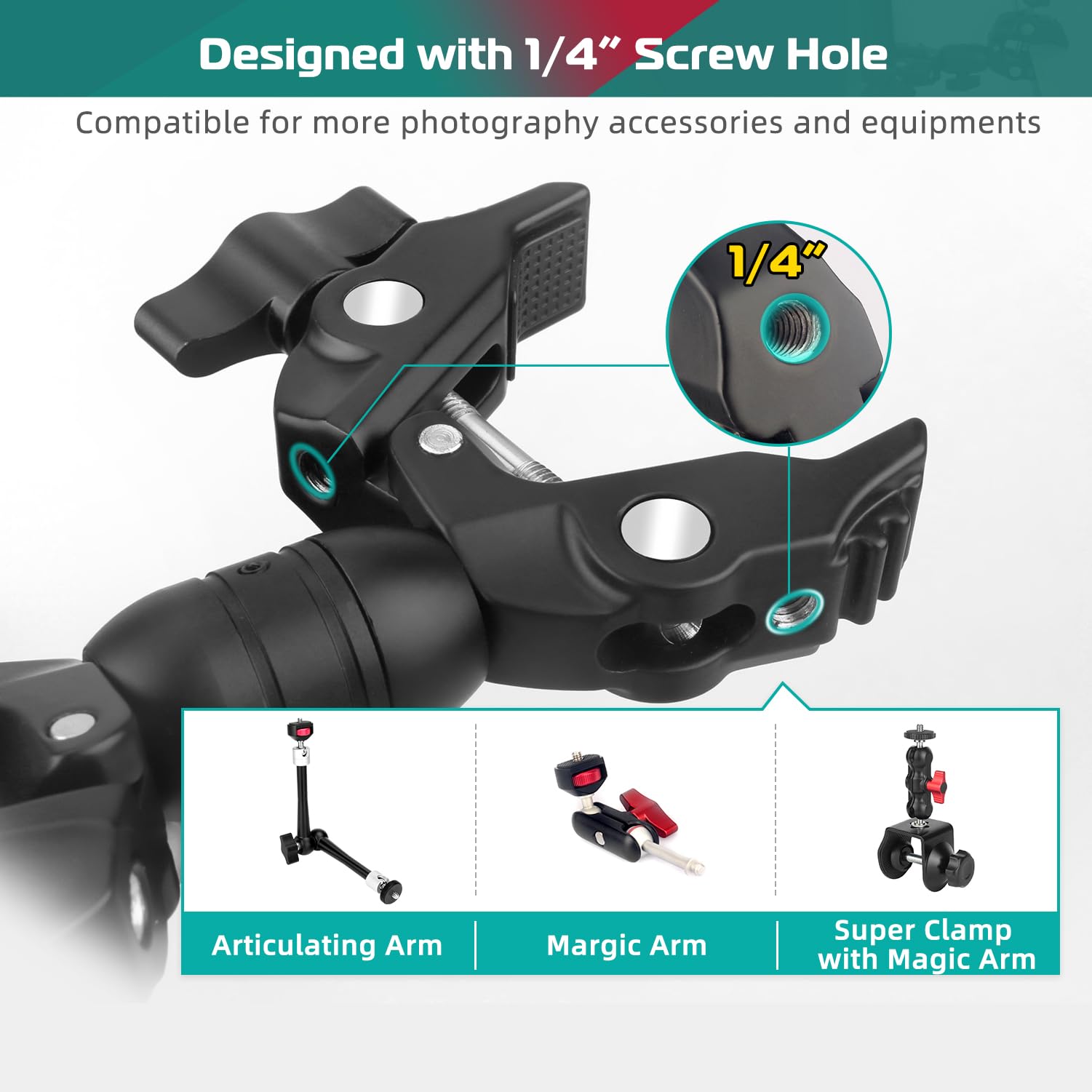 Jebutu Super Clamp Double Camera Clamp, Super Clamp Camera Clamp Mount 360°Rotation Ball Head, Crab Plier Clip Bracket With Ballhead For Umbrella, Tripod, Light Stand, Photography Reflector