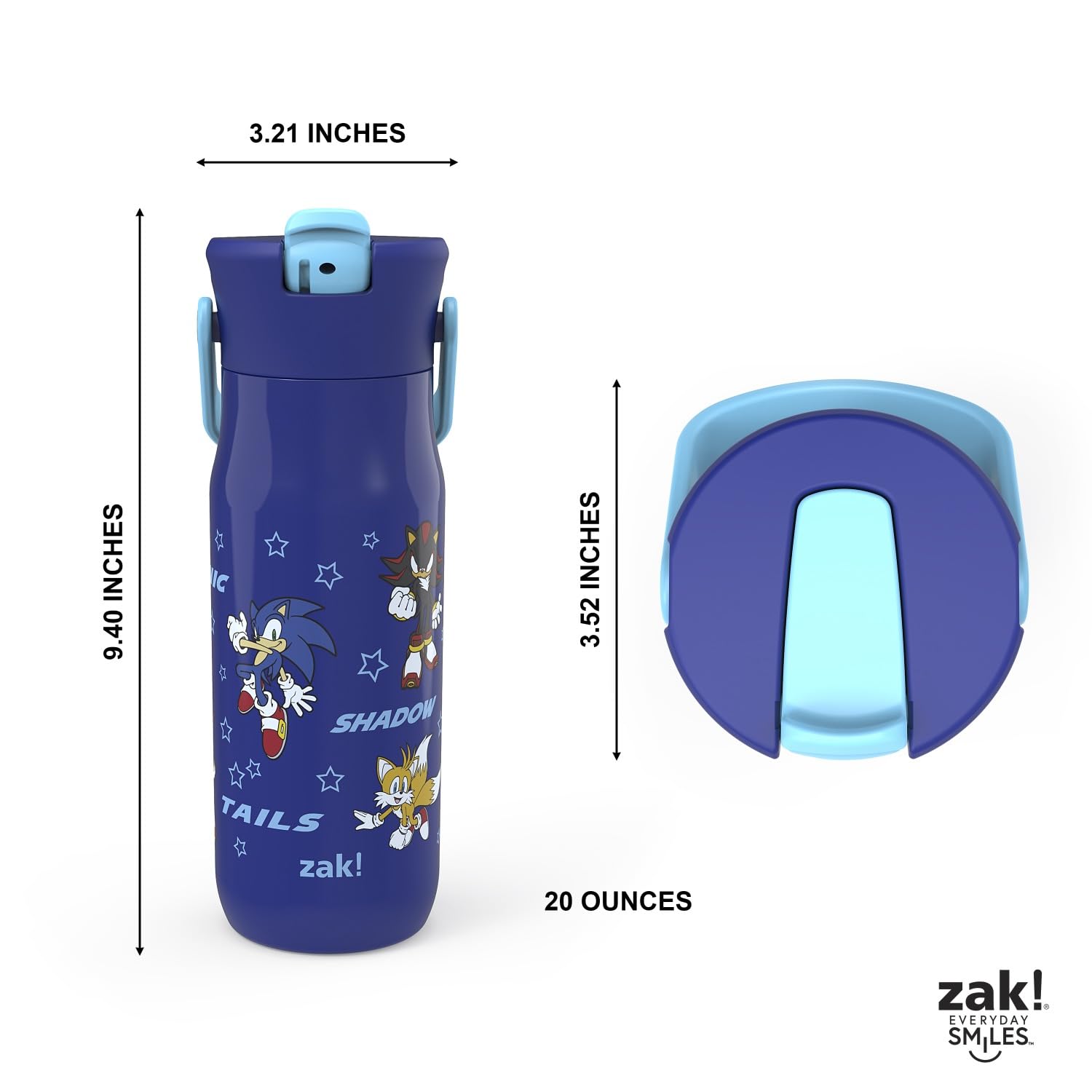Zak Designs Harmony Sonic The Hedgehog Water Bottle For Travel Or Home, 20Oz Recycled Stainless