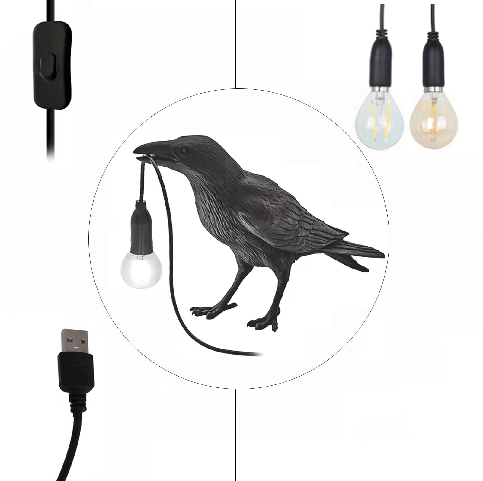 Cmartiris Gothic Crow Lamp - Cute Black Raven Desk Light With Usb Line, Unique Resin Halloween Crow For Table Decor, Gothic, Black, Bird, Art, Home, Living Room, Bedroom (2 Bulbs)