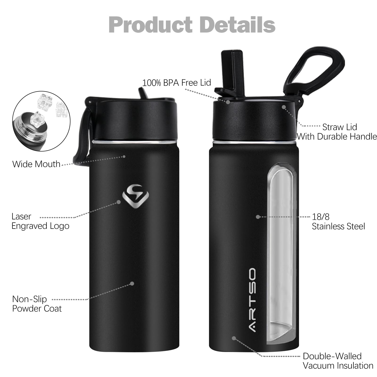 Artso 32 Oz Insulated Water Bottle Stainless Steel Double Walled Vacuum Leak Proof Hot Cold Sports