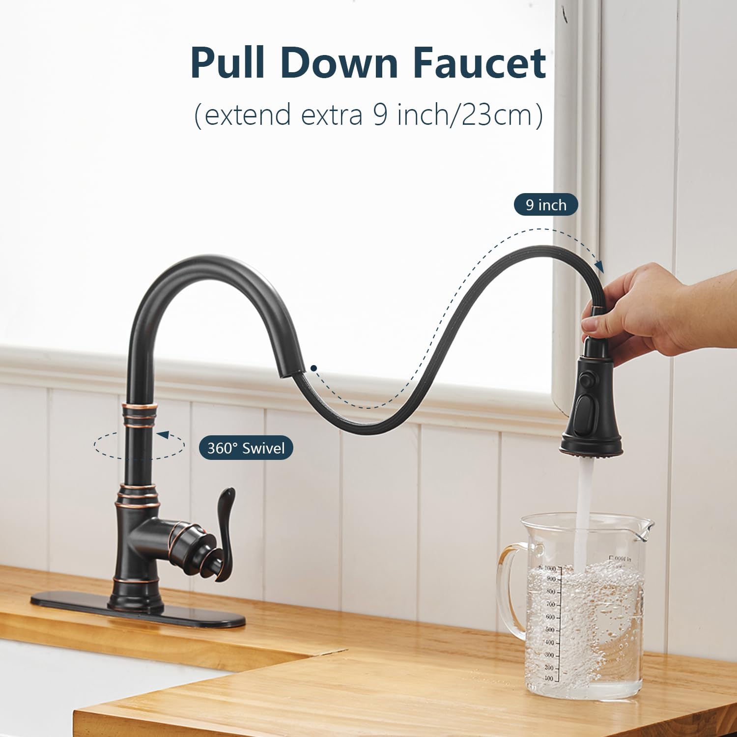 Bwe Oil Rubbed Bronze Kitchen Faucet With Pull Down Sprayer, 3 Spray Modes, Single Handle High Arc Kitchen Sink Faucets With Deck Plate Commercial Bar Farmhouse Pull Out Sprayer