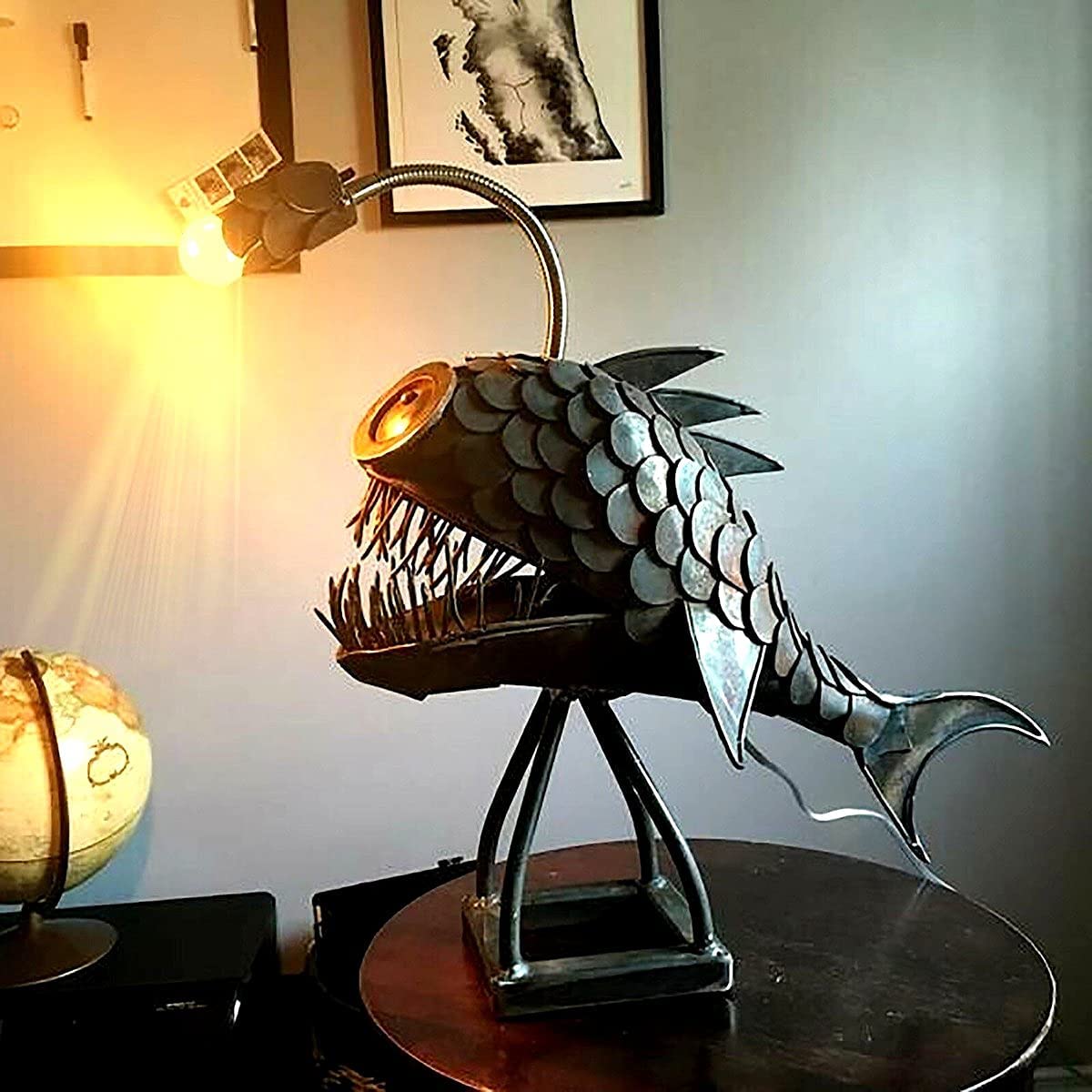 Cafele Rustic Usb Angler Fish Lamp, Shark Lamp Steampunk Style Table Lamp, Simulation Flame Led Bulbs Lights, Handmade Night Lights, Book Lights, Industrial Creative Decor For Home/Office (Medium)