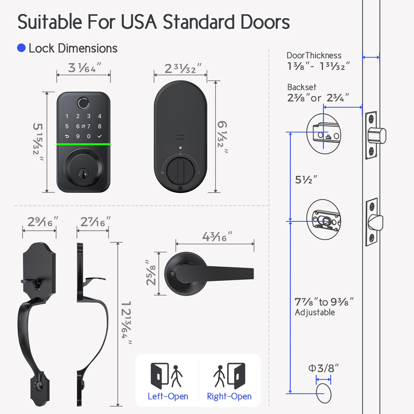 Wisegear Deadbolt Smart Lock With Handle Set: Fingerprint Keypad Smart Locks For Front Door - App Controlled Keyless Entry Door Lock With Code - Electronic Door Handle Sets - Waterproof Digital Handleset