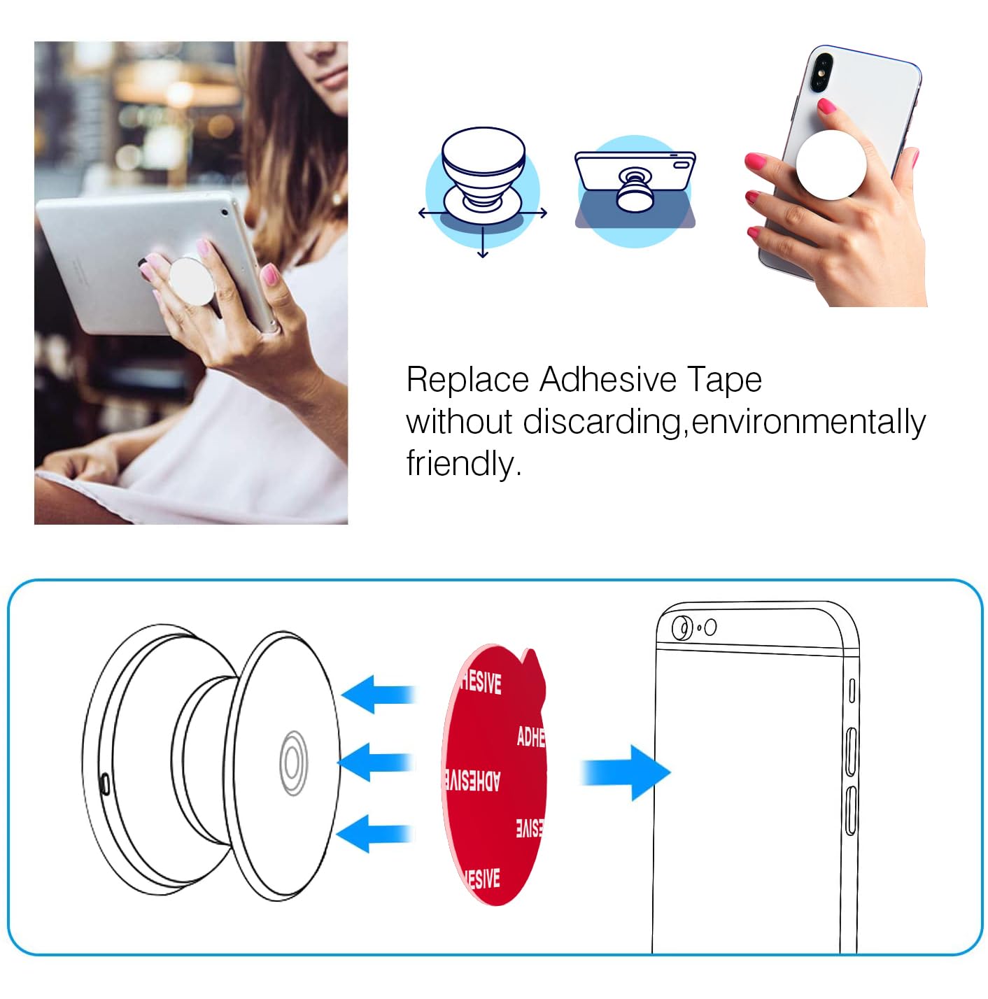 Viimake 8Pcs Clear Sticky Adhesive Pads For Socket Base Mount, 1.38 Inches Round Double-Sided Replacement Tapes For Phone Collapsible Grip Stand Back Base,Mini Car Phone Holder