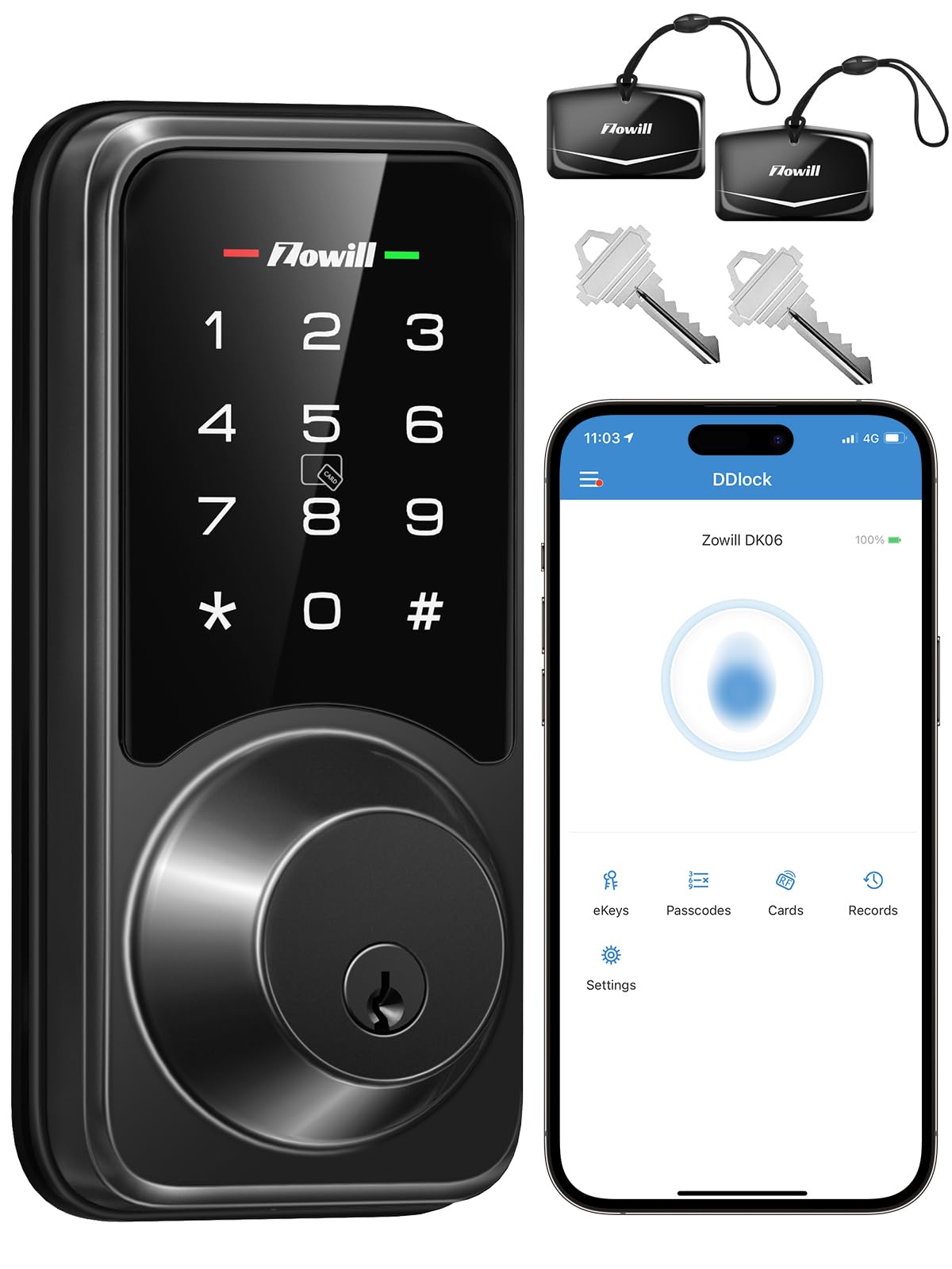 Zowill Smart Lock - Keyless Entry Door Lock With App Control, Touchscreen Keypad Electronic Digital Lock, Auto-Lock, Easy Installation, Smart Door Locks For Front Door