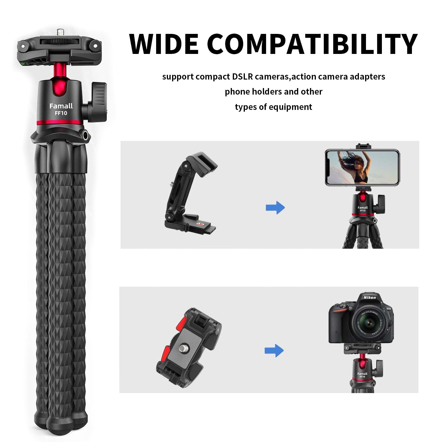 Famall Camera Tripod, Flexible Tripod Stand For Phone With Cold Shoe Phone Mount For Iphone Canon Nikon Sony Cameras