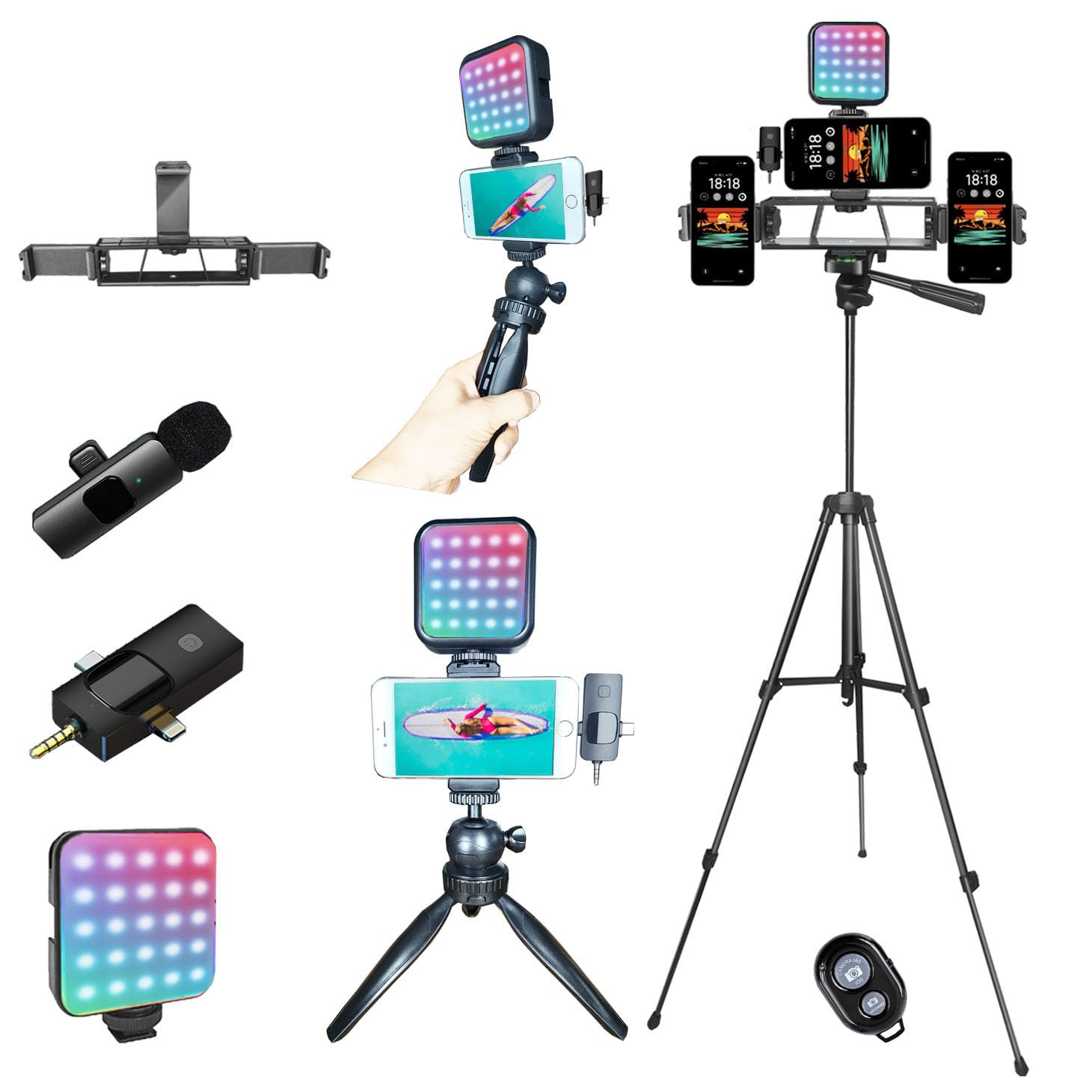 Litchitech Vlogging Kit For Iphone,Vlogging Kit For Andriod Phone, Content Creator Essentials,Youtube Starter Kit With Tripod 60" / Multiple Holders/Rgb Light/Lavalier Mic/Remote