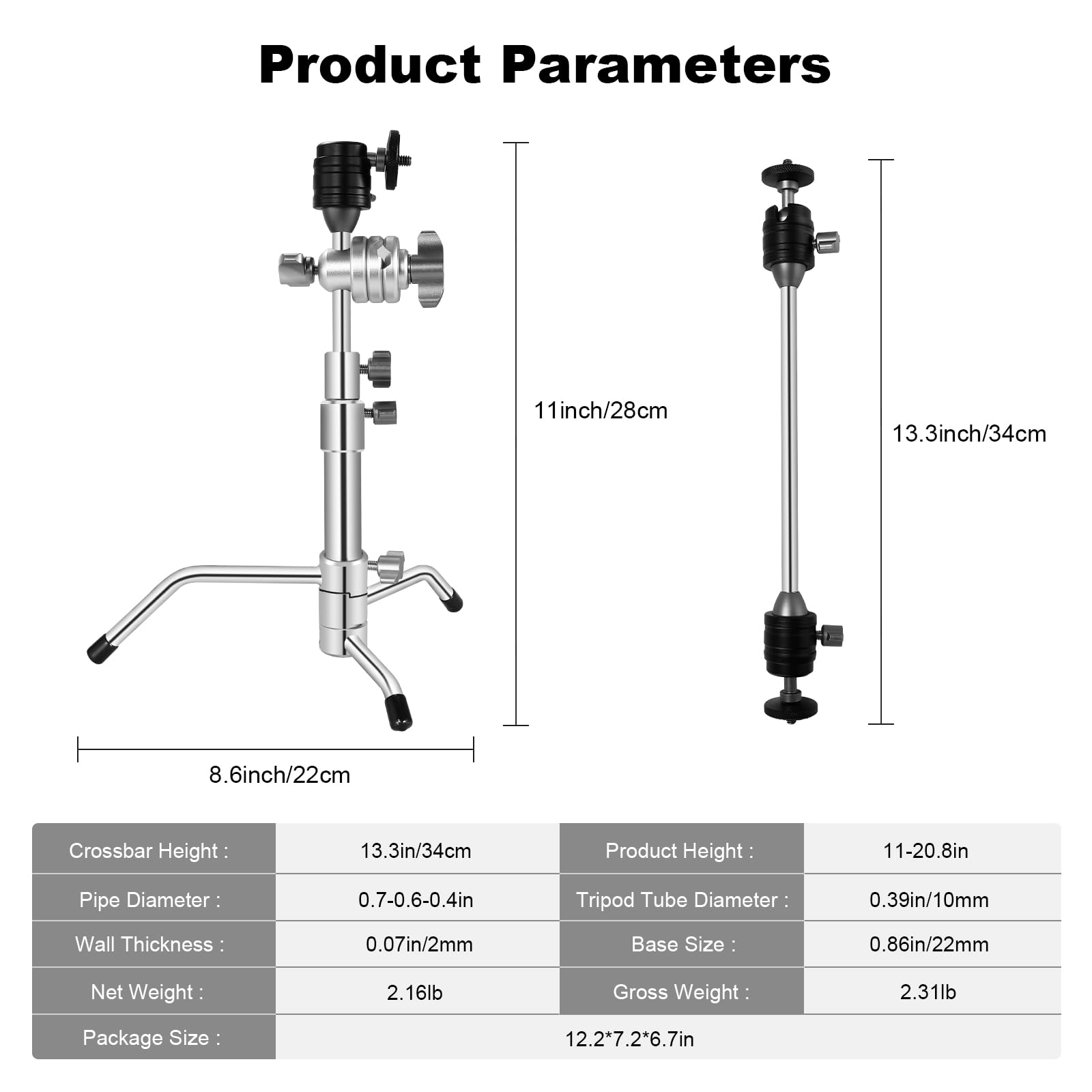 Supon 20" Mini Pocket C Stand, All-Metal Adjustable Small 20.8" C-Stand Short Tripod Stand With 13" Boom Arm Grip Head, 3 Ball Head, Sliding Leg For Camera, Smartphone, Light, Mic Photography - Silver