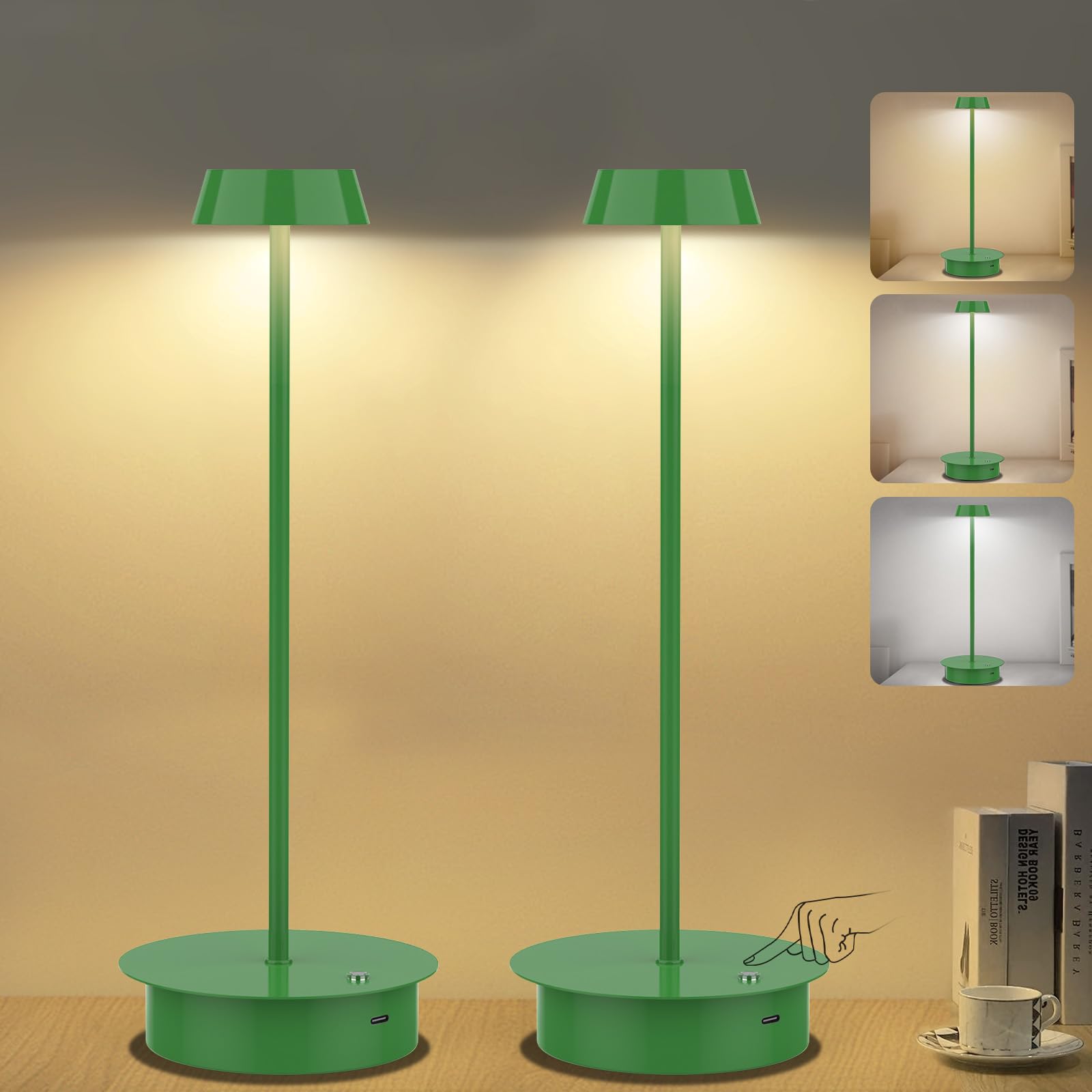 Fenfud 2 Pack Rechargeable Led Table Lamp: Cordless Table Lamp With Touch Control, Portable Led Desk Lamp 3 Color Stepless Dimmable Modern Lamp For Restaurant/Dinner/Bedroom/Outdoor Ip65 Waterproof-Green