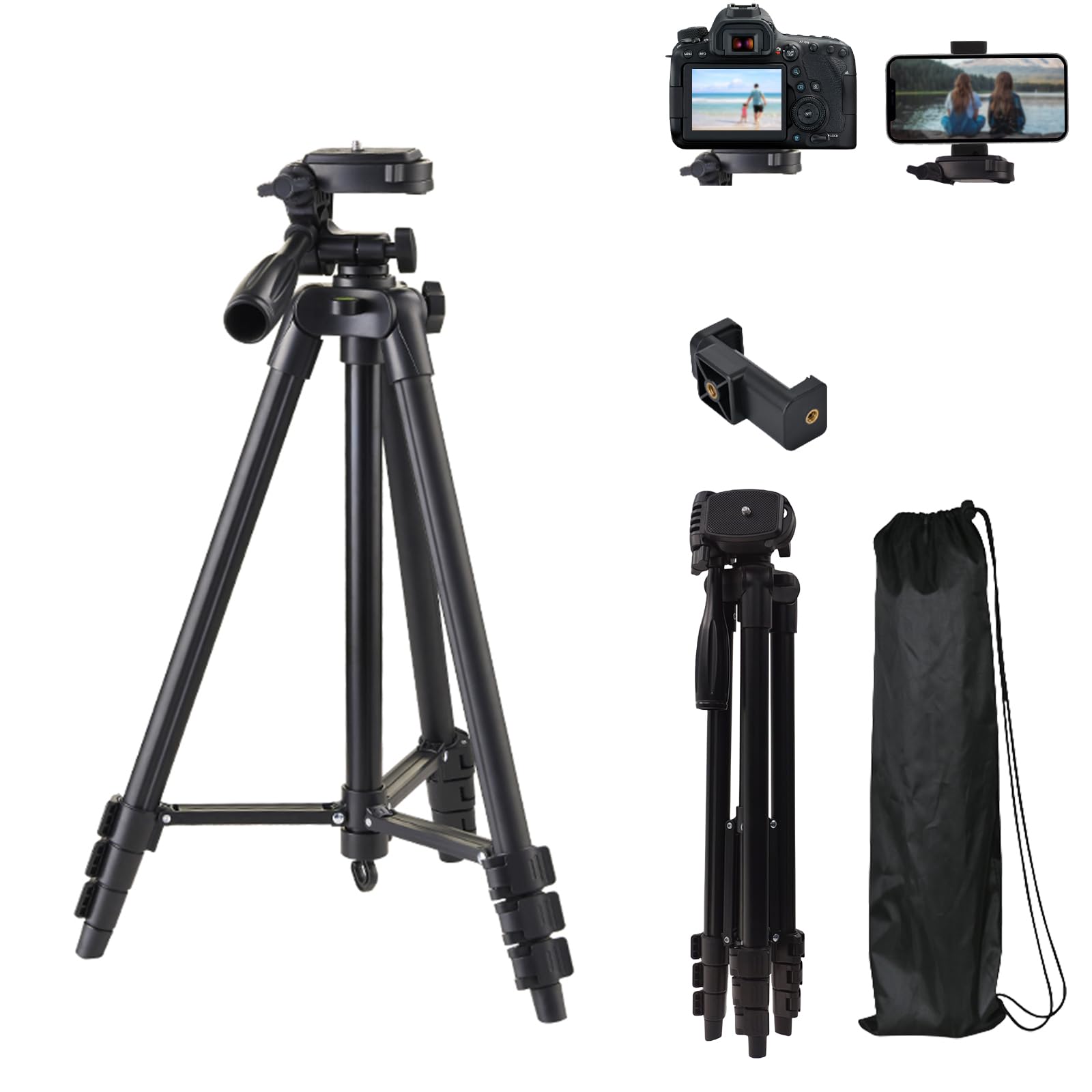 Kakotopa Camera Tripod, Cellphone Tripod, Lightweight Tripod For Smartphone With 3-Way Head, Portable Travel Tripod, Compatible With Phone/Camera/Projector/Dslr/Slr/Fill Light (Black)