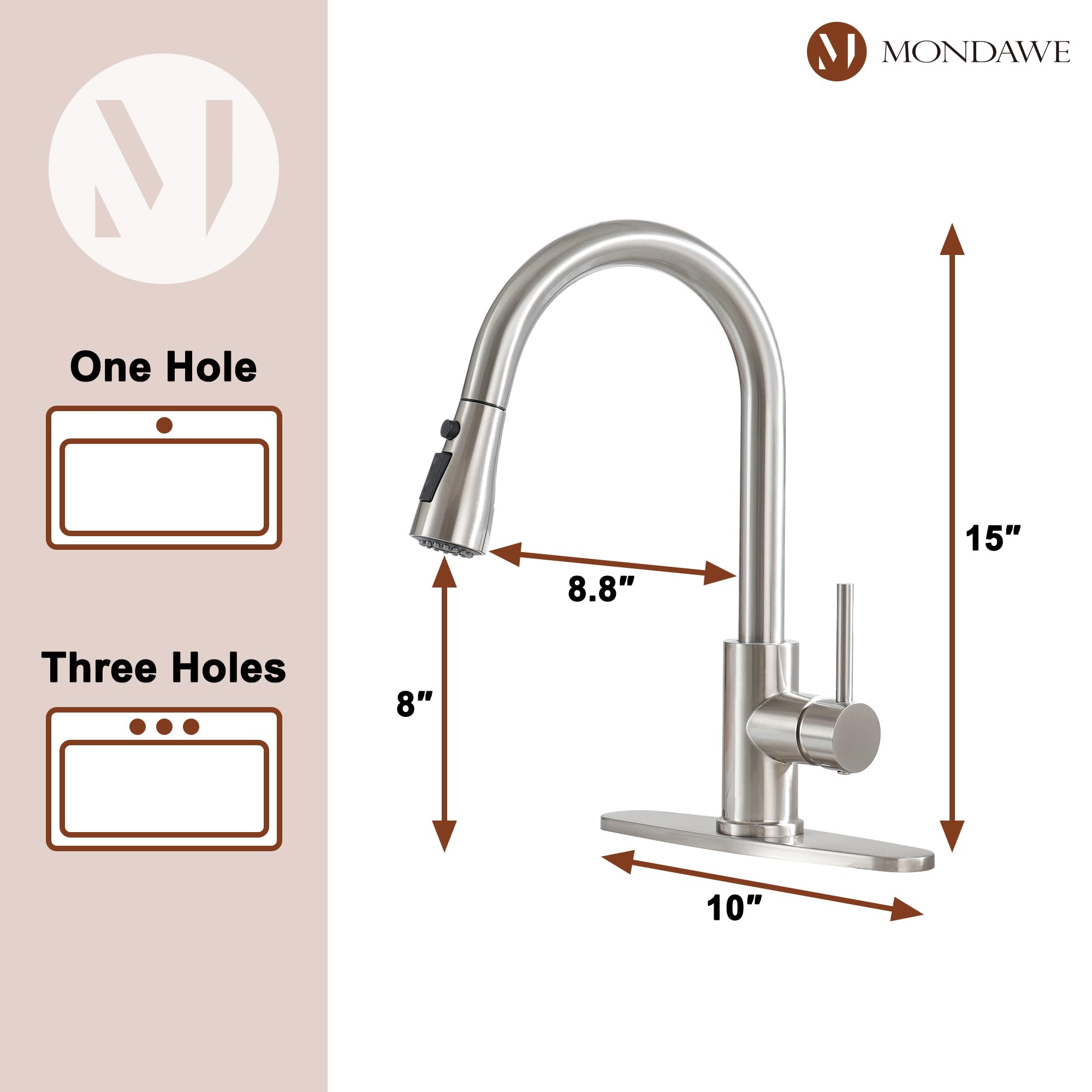 Mondawe 3-Way Spray Kitchen Faucet With Pull Down Sprayer, Single Handle Stainless Steel Kitchen Sink Faucet With Deck Plate For Bar Laundry Rv Kitchen Sink, 1 Hole/3 Hole, 1.8Gpm, Brushed Nickel