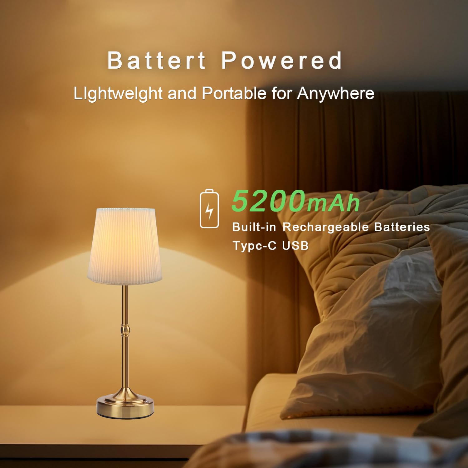 Gdszbysm Cordless Lamp, Rechargeable Led Table Lamp 5200Mah Battery Operate Portable Nightstand Lamp Dimmable Touch Control Fabric Shade 2700K Warm Light For Dining Bedroom Living Room Patio Decor Gold