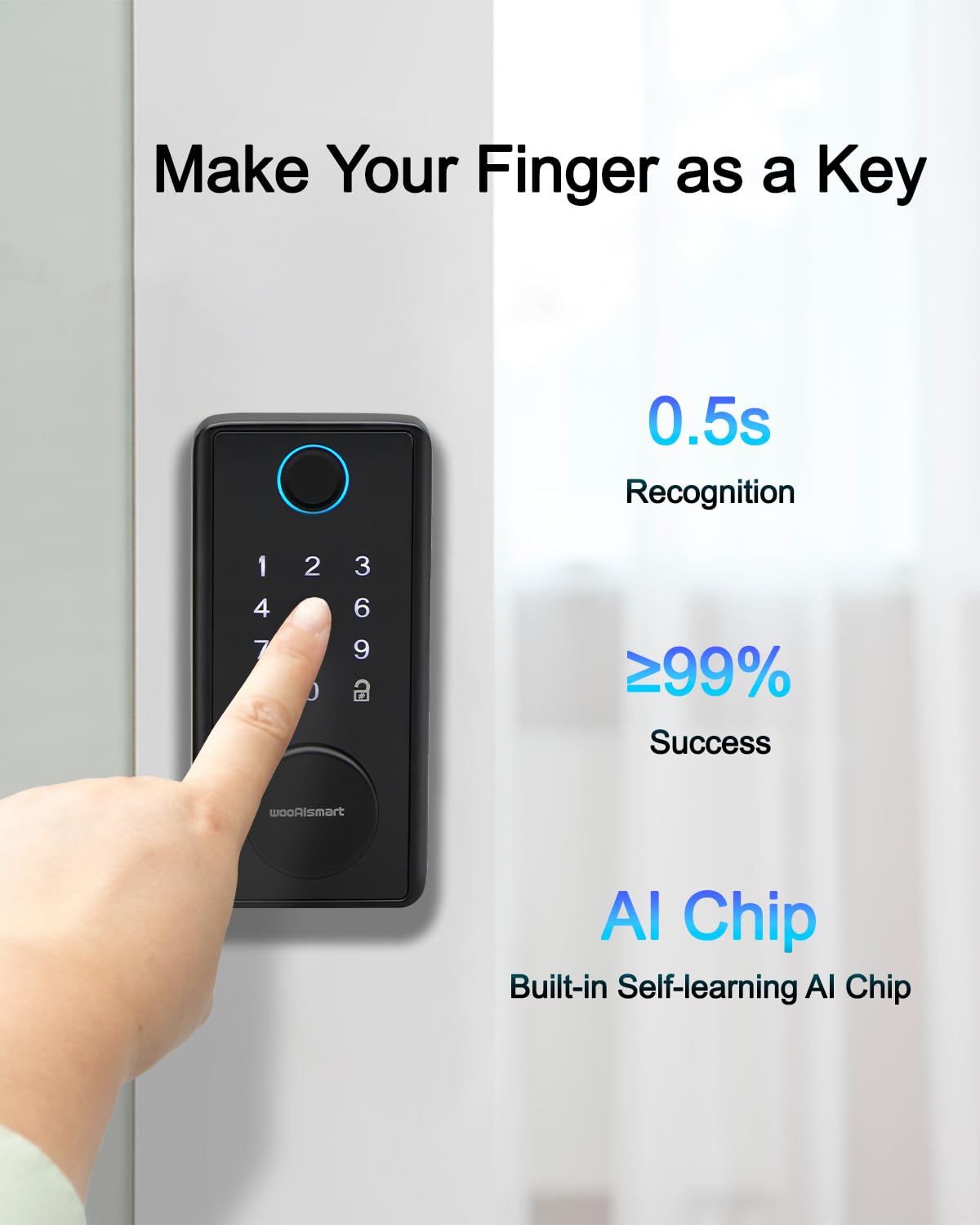 Wooaismart Smart Keyless Entry Door Lock With Biometric Fingerprint & Touchscreen Keypad – Auto-Lock, One-Time Guest Codes, Keypad Deadbolt, One-Touch Locking, App Control, Matte Black Finish